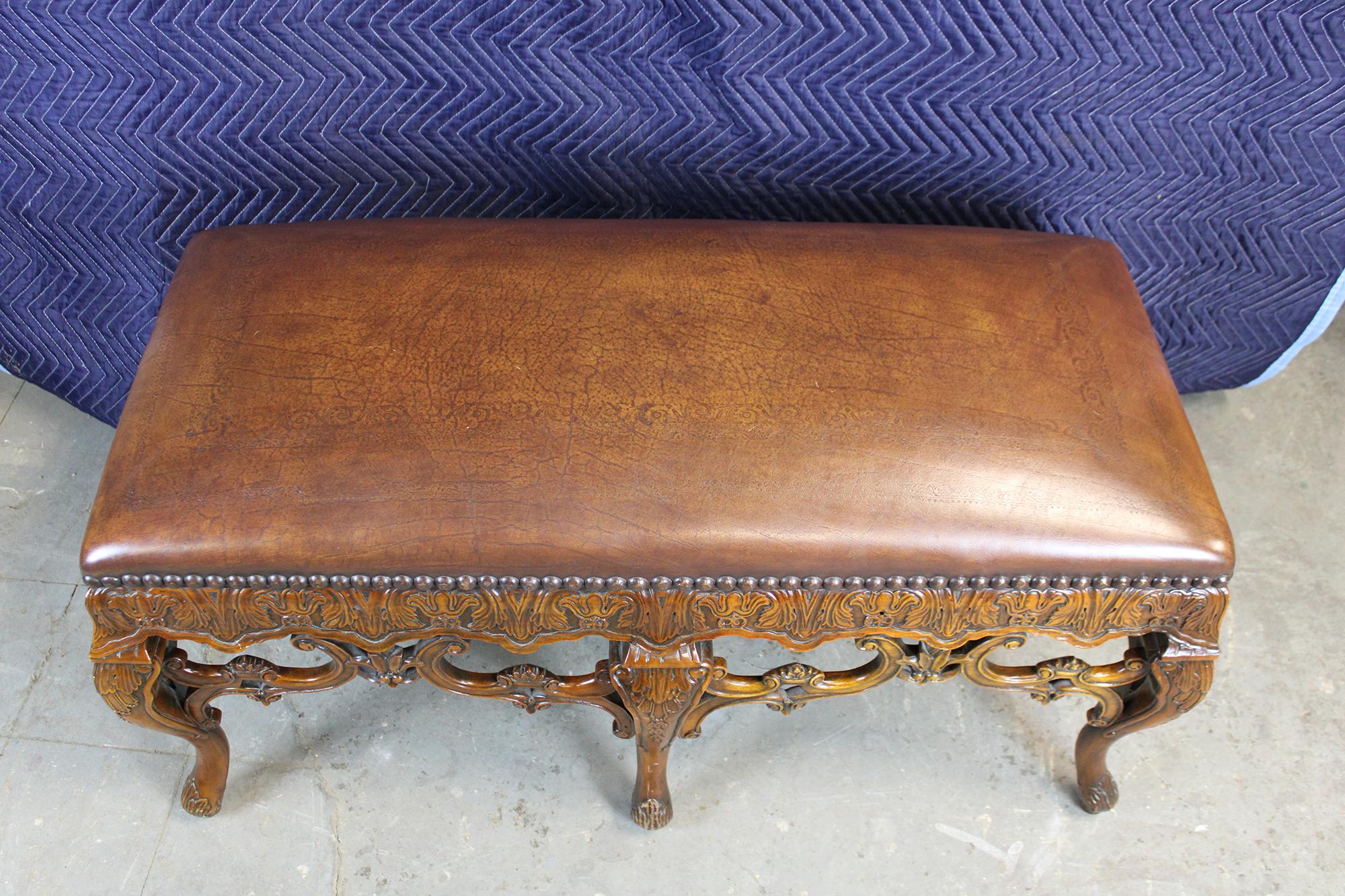 Theodore Alexander Baroque Rococo Style Carved Mahogany Nailhead Leather Bench 2