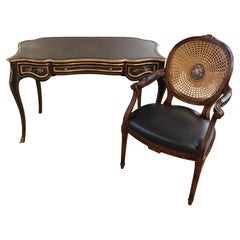Theodore Alexander Black French Louis XVI Style Leather Top Writing Desk W Chair