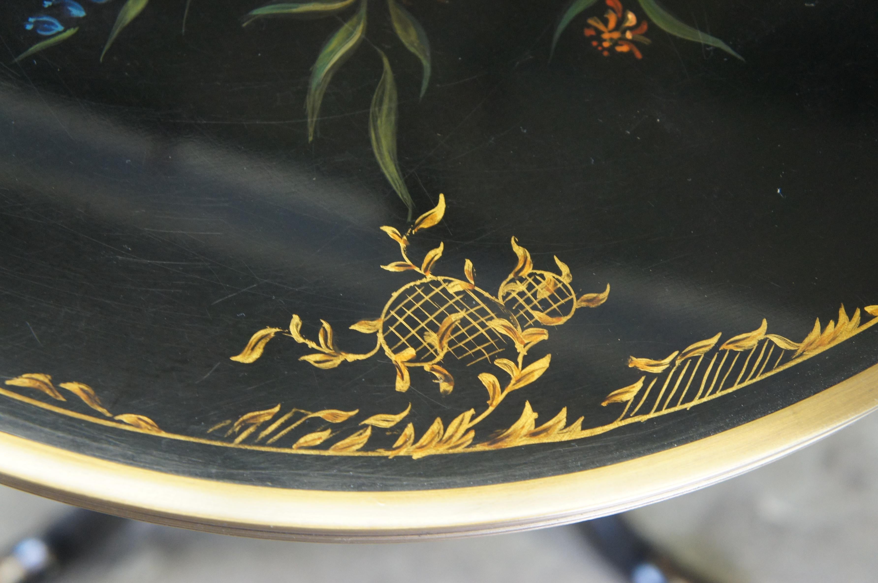 Theodore Alexander Black Lacquer Ebonized Gilt Tripod Pedestal Round Side Table For Sale 5