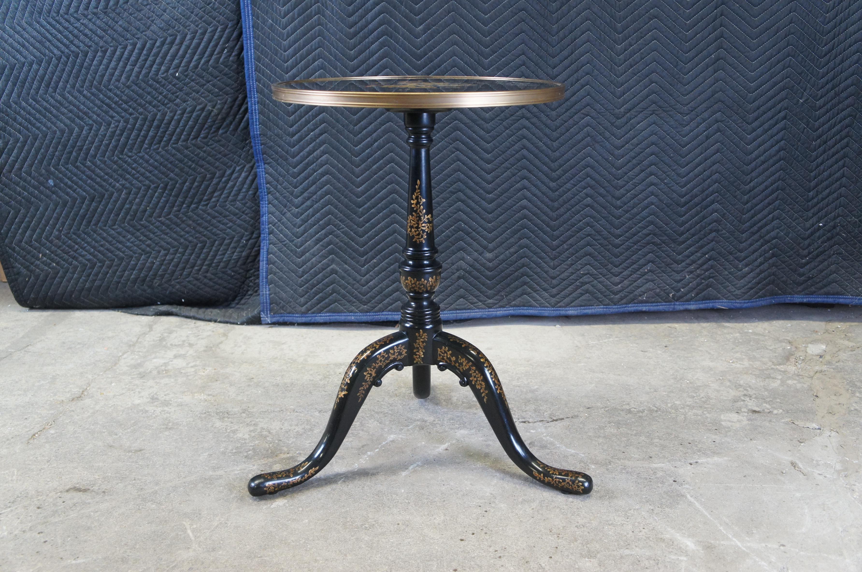 Theodore Alexander Black Lacquer Ebonized Gilt Tripod Pedestal Round Side Table For Sale 6