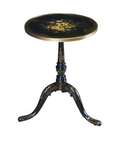 Theodore Alexander Black Lacquer Ebonized Gilt Tripod Pedestal Round Side Table