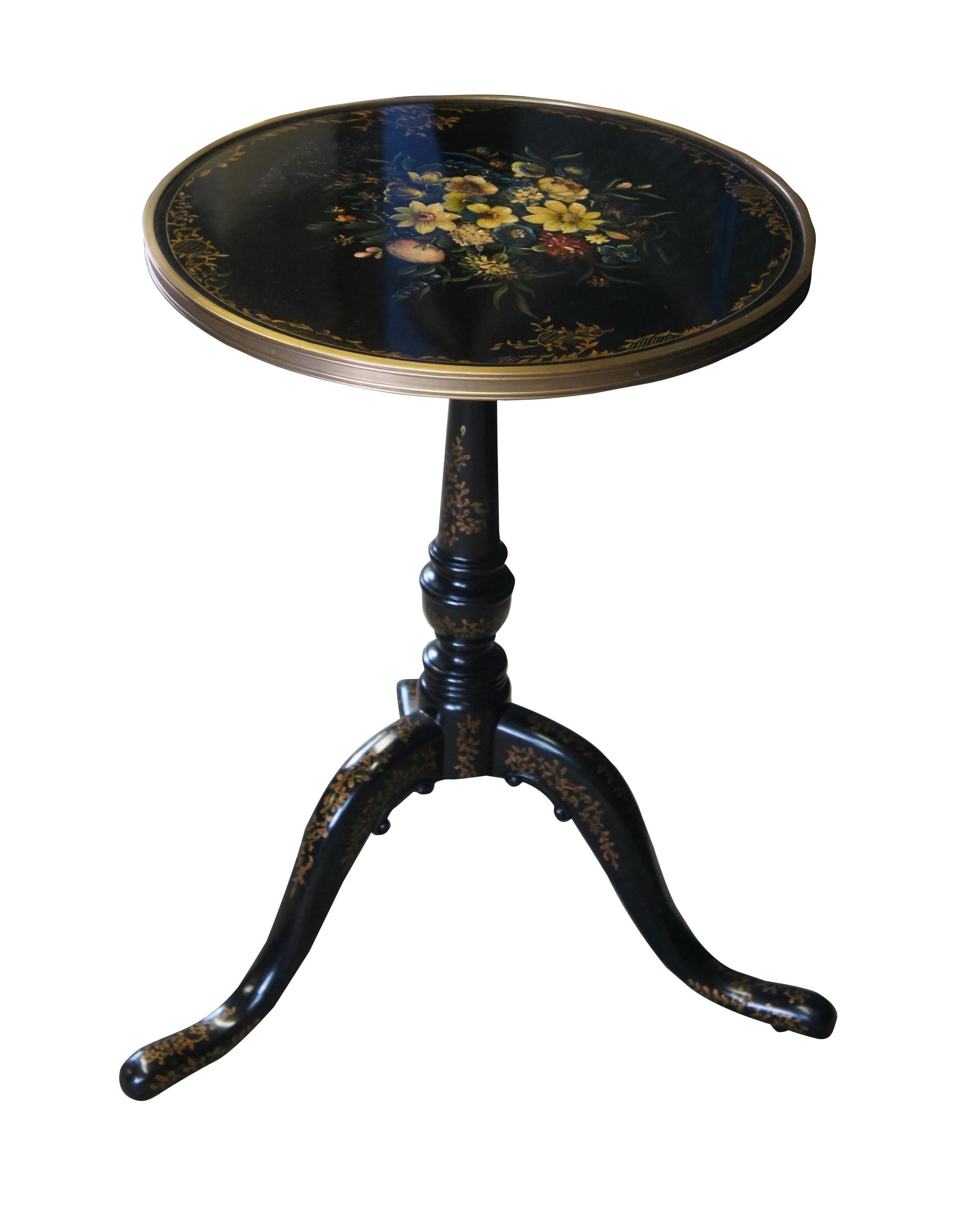 Chinoiserie Theodore Alexander Black Lacquer Ebonized Gilt Tripod Pedestal Round Side Table For Sale
