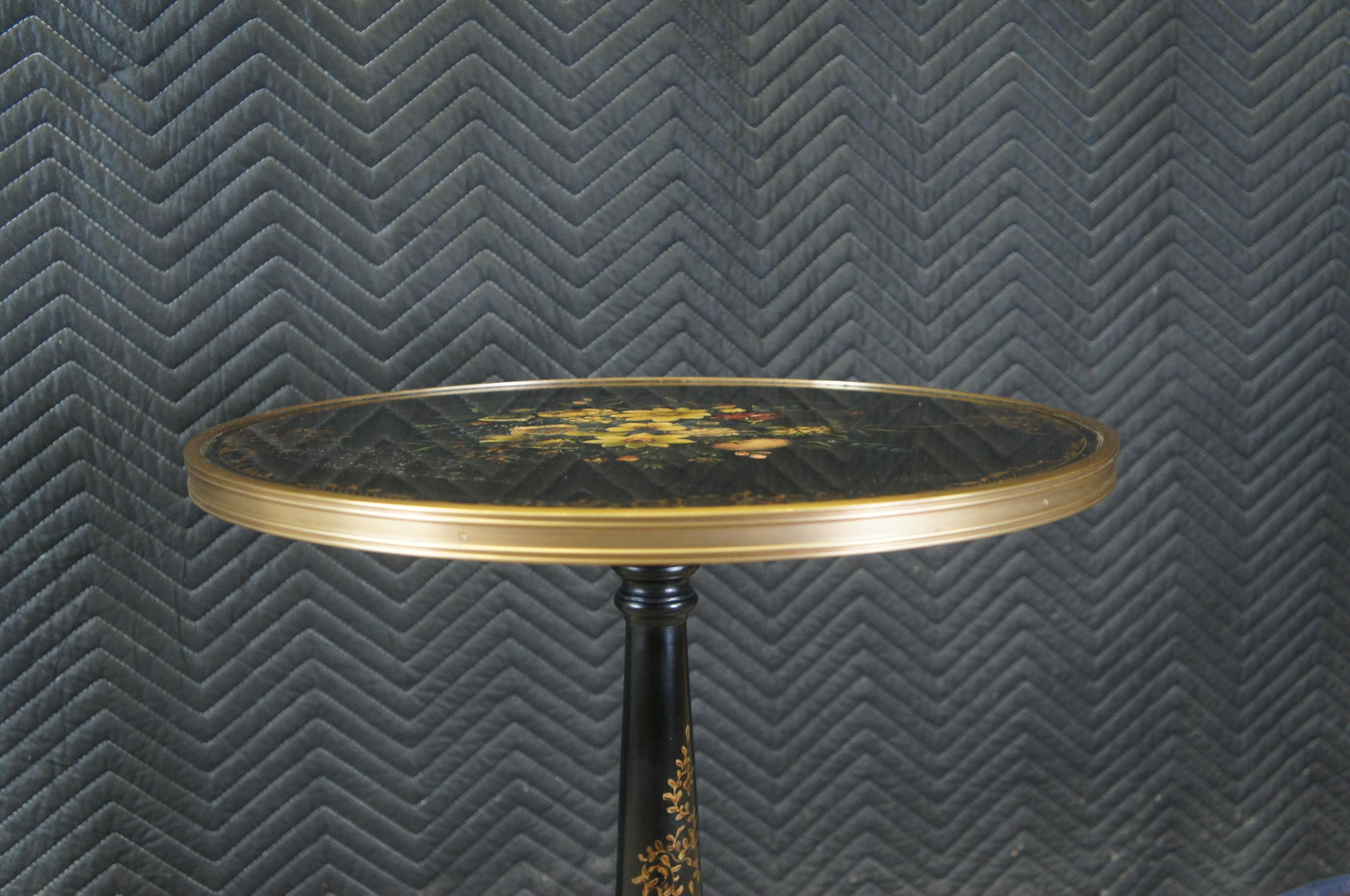 Hardwood Theodore Alexander Black Lacquer Ebonized Gilt Tripod Pedestal Round Side Table For Sale