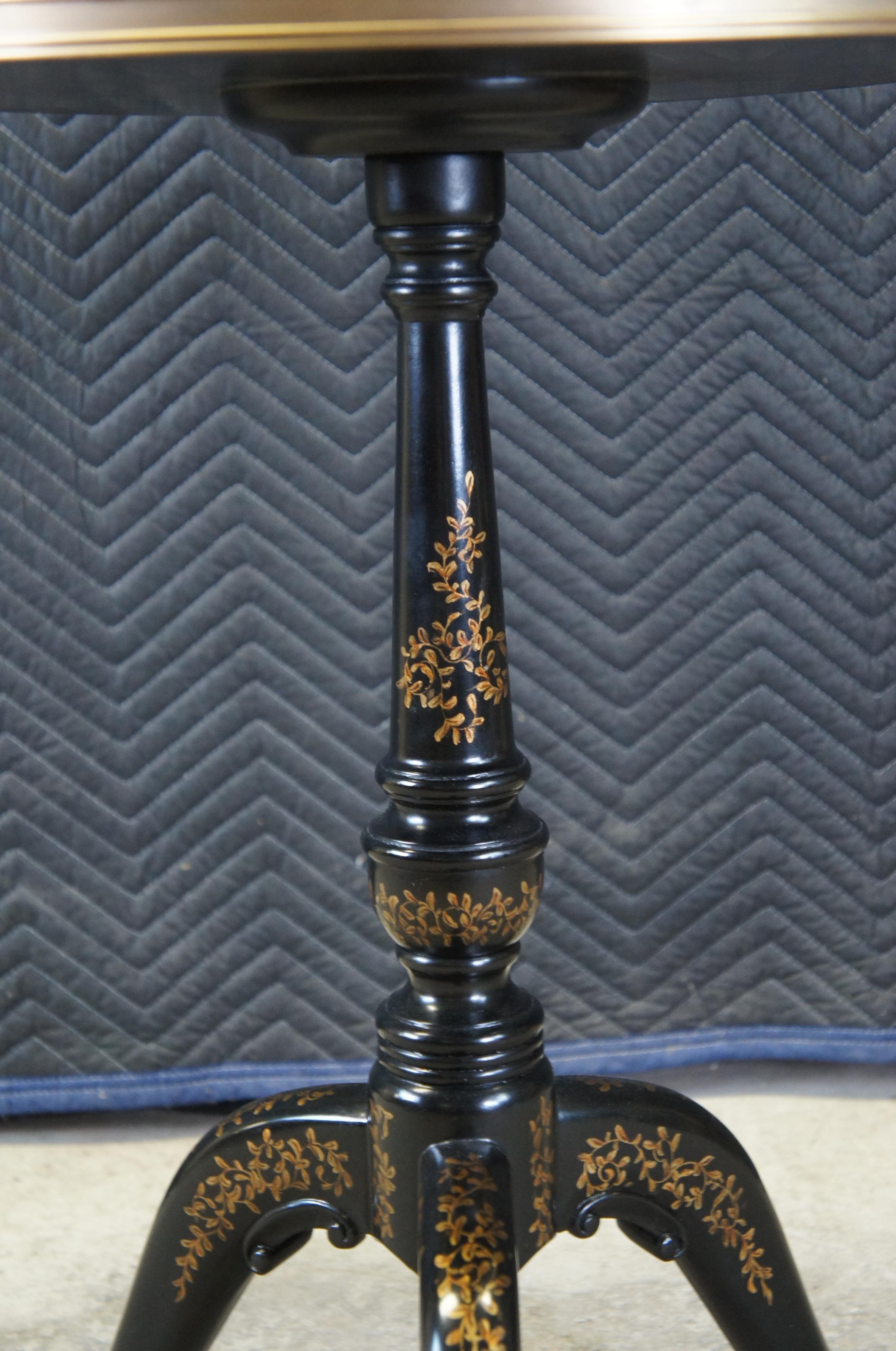 Theodore Alexander Black Lacquer Ebonized Gilt Tripod Pedestal Round Side Table For Sale 1