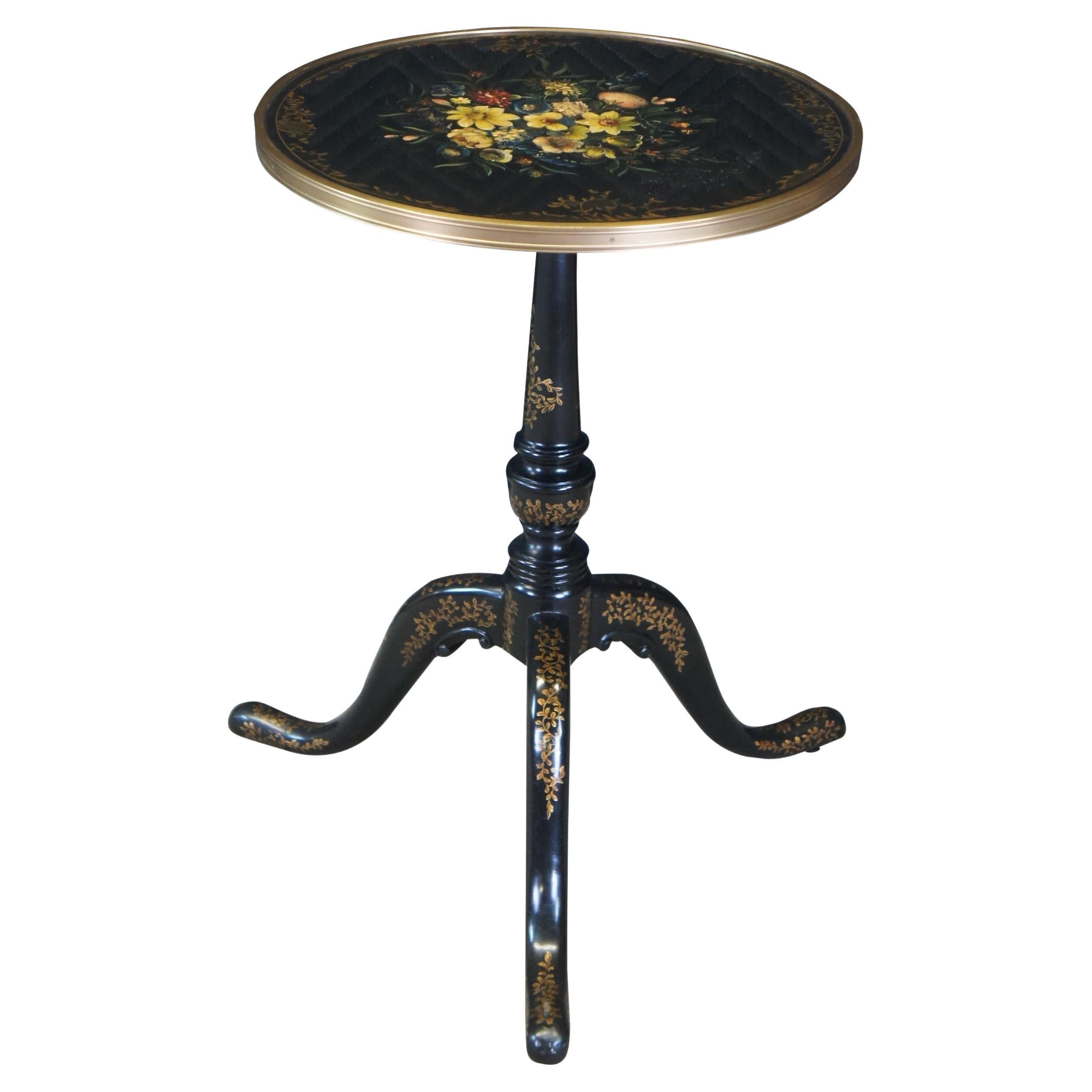 Theodore Alexander Black Lacquer Ebonized Gilt Tripod Pedestal Round Side Table