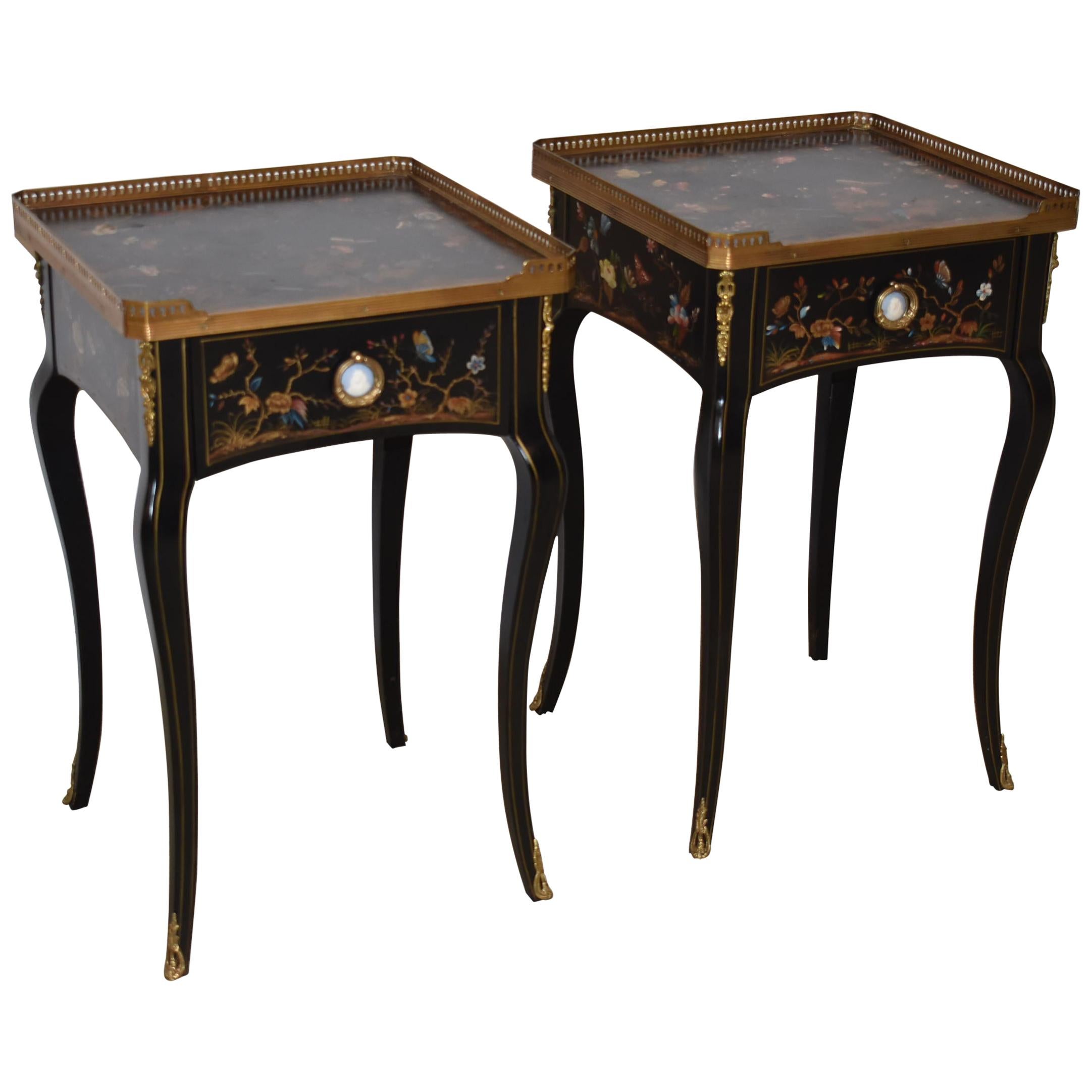 Theodore Alexander Black Lacquered French Empire Side Tables Hand Painted, Pair 