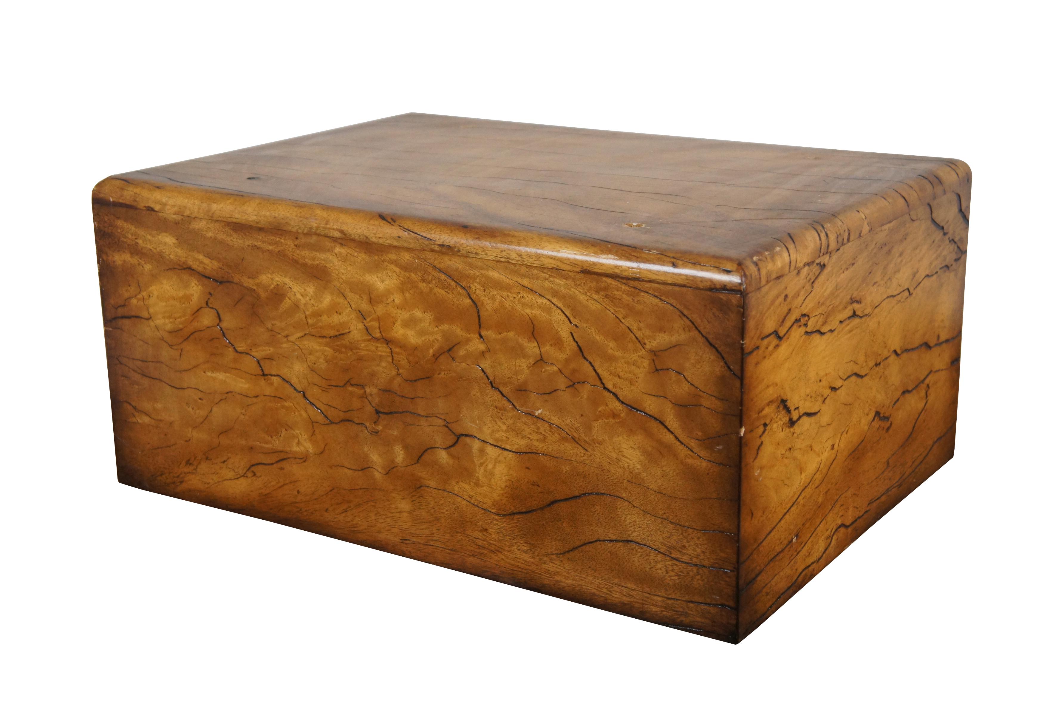 Rare vintage Theodore Alexander burlwood plinth / pedestal / base for displaying a sculpture or statue. Fully enclosed, hollow rectangular form with slightly rounded upper edges and four drilled holes on top where a previous sculpture was