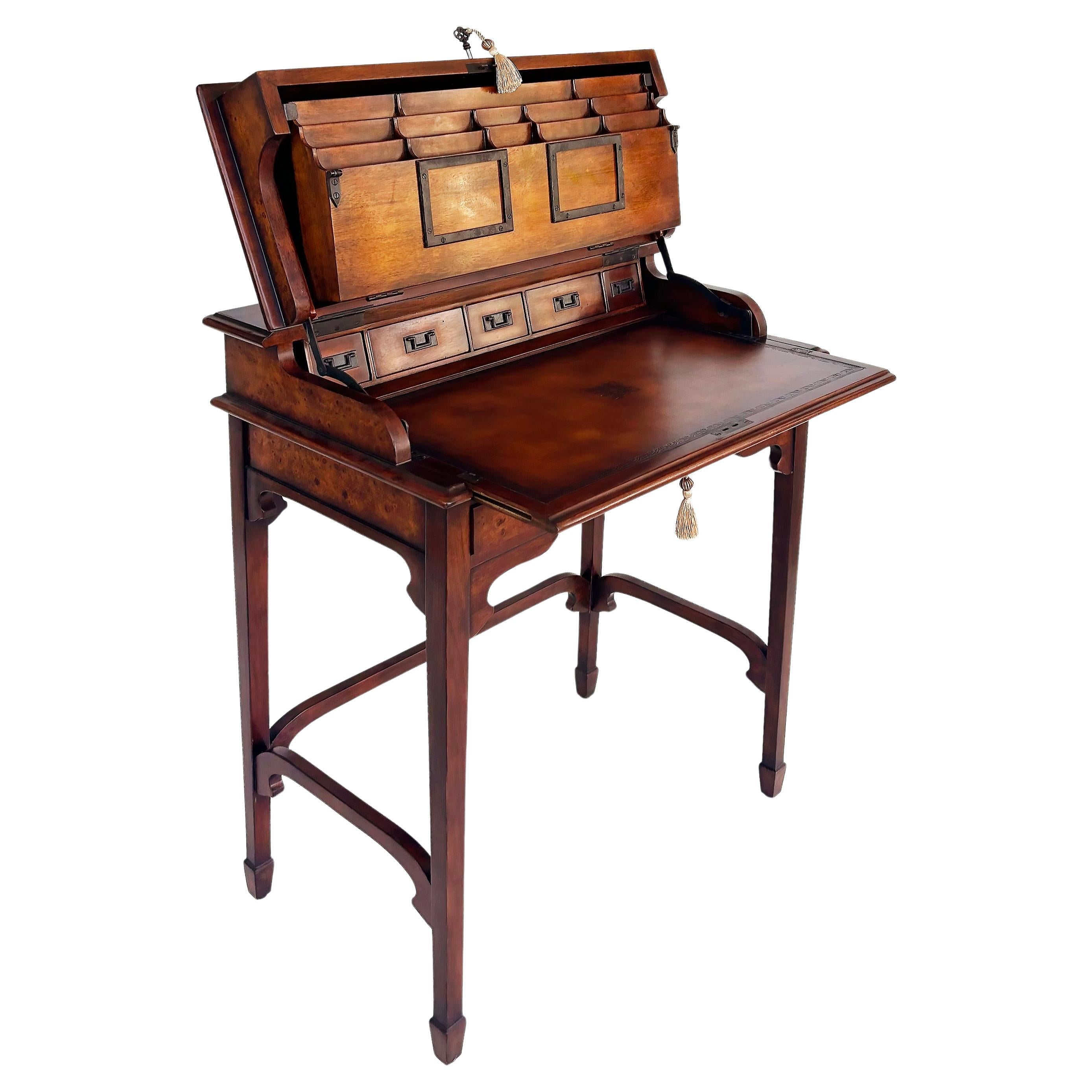 Theodore Alexander Burlwood Leather Flip Desk, Cubby Holes and Keyed Drawer For Sale
