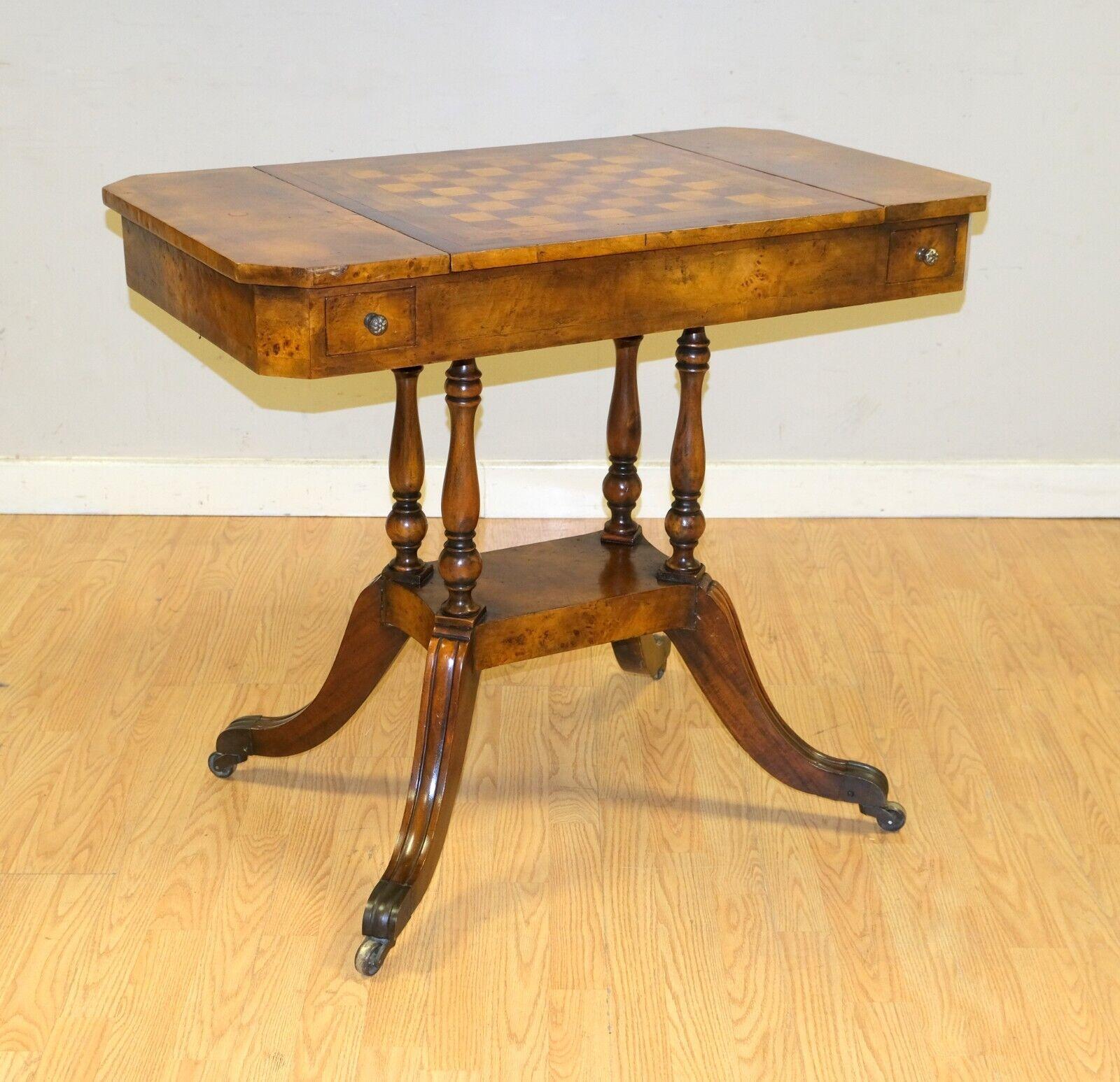 We are delighted to offer for sale this stunning Theodore Alexander burr walnut brown leather top games table.

This well made games table shows a lot of character with a beautiful patina all around, making this piece eye catching from any point of