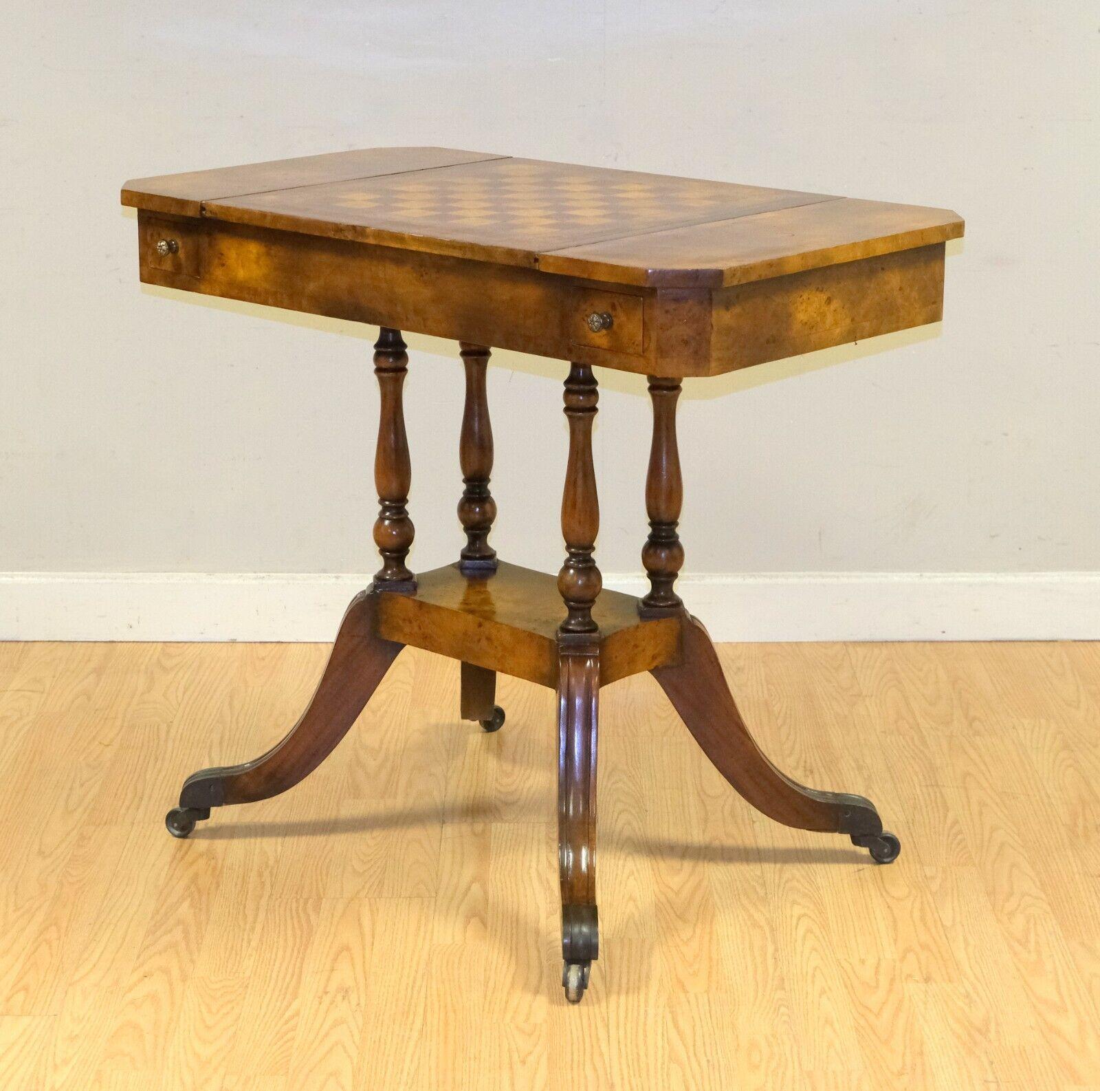Victorian THEODORE ALEXANDER BURR WALNUT BROWN LEATHER GAME CHEDD TABLE REVERSiBLE TOP