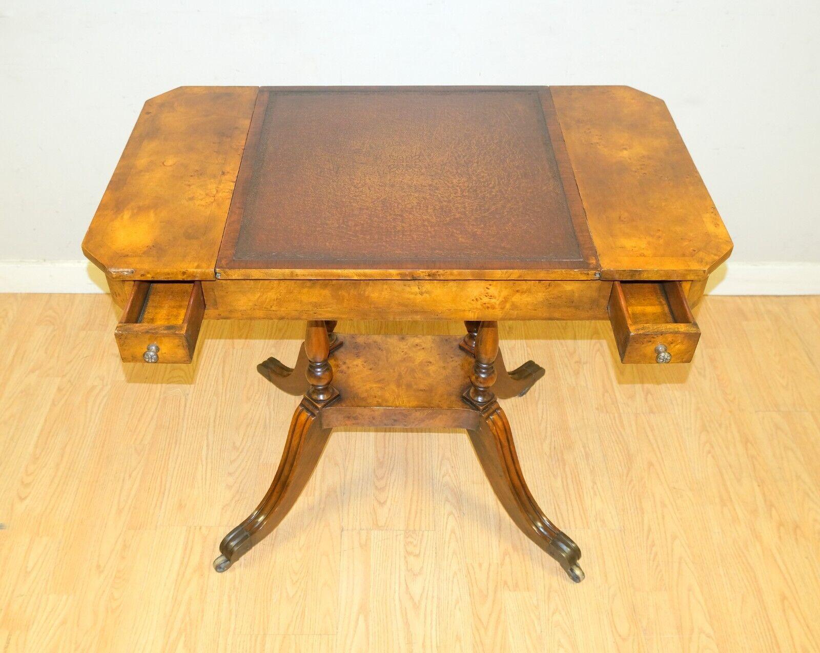 Hand-Crafted THEODORE ALEXANDER BURR WALNUT BROWN LEATHER GAME CHEDD TABLE REVERSiBLE TOP