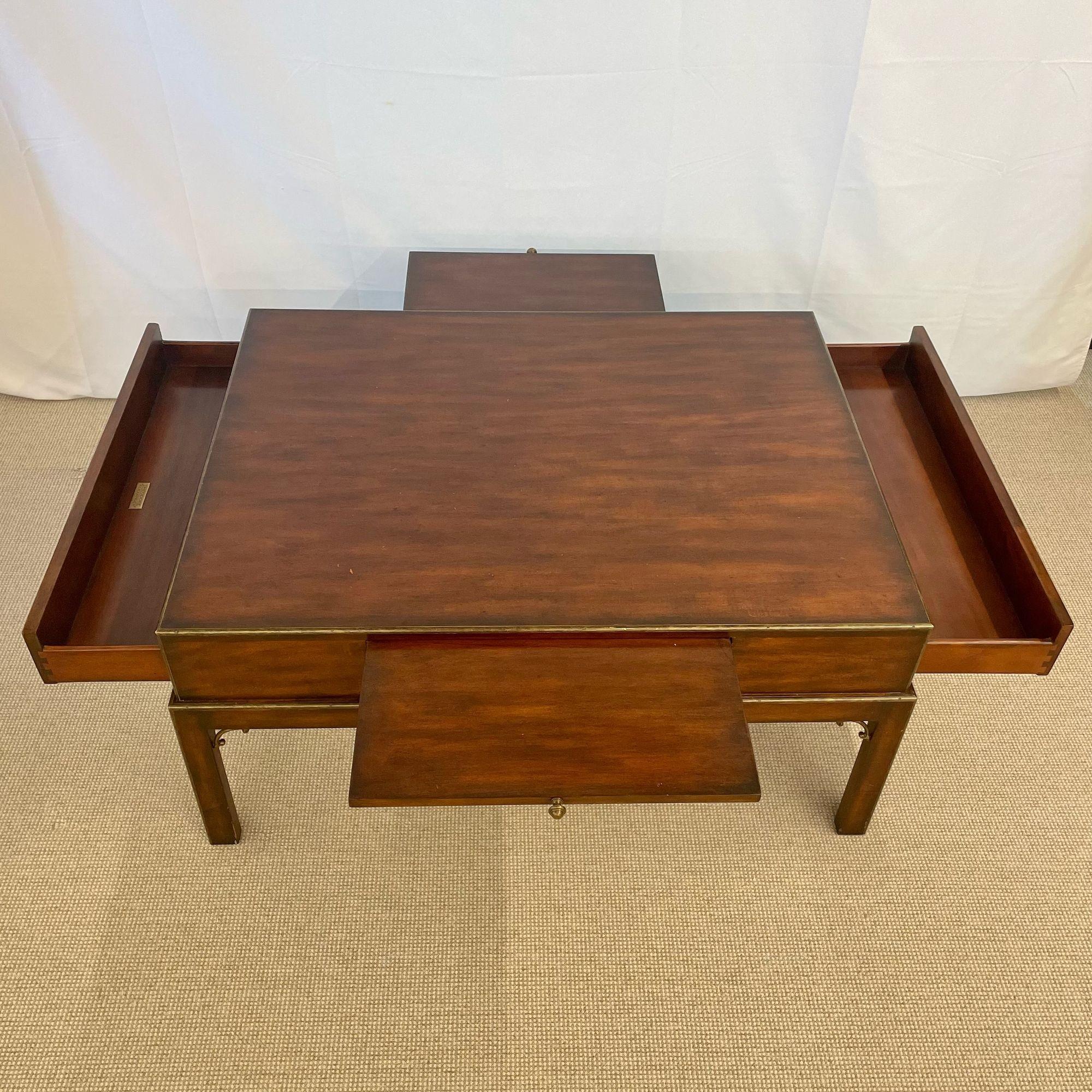 Wood Theodore Alexander Campaign Style Coffee, Cocktail Table, Mahogany and Brass