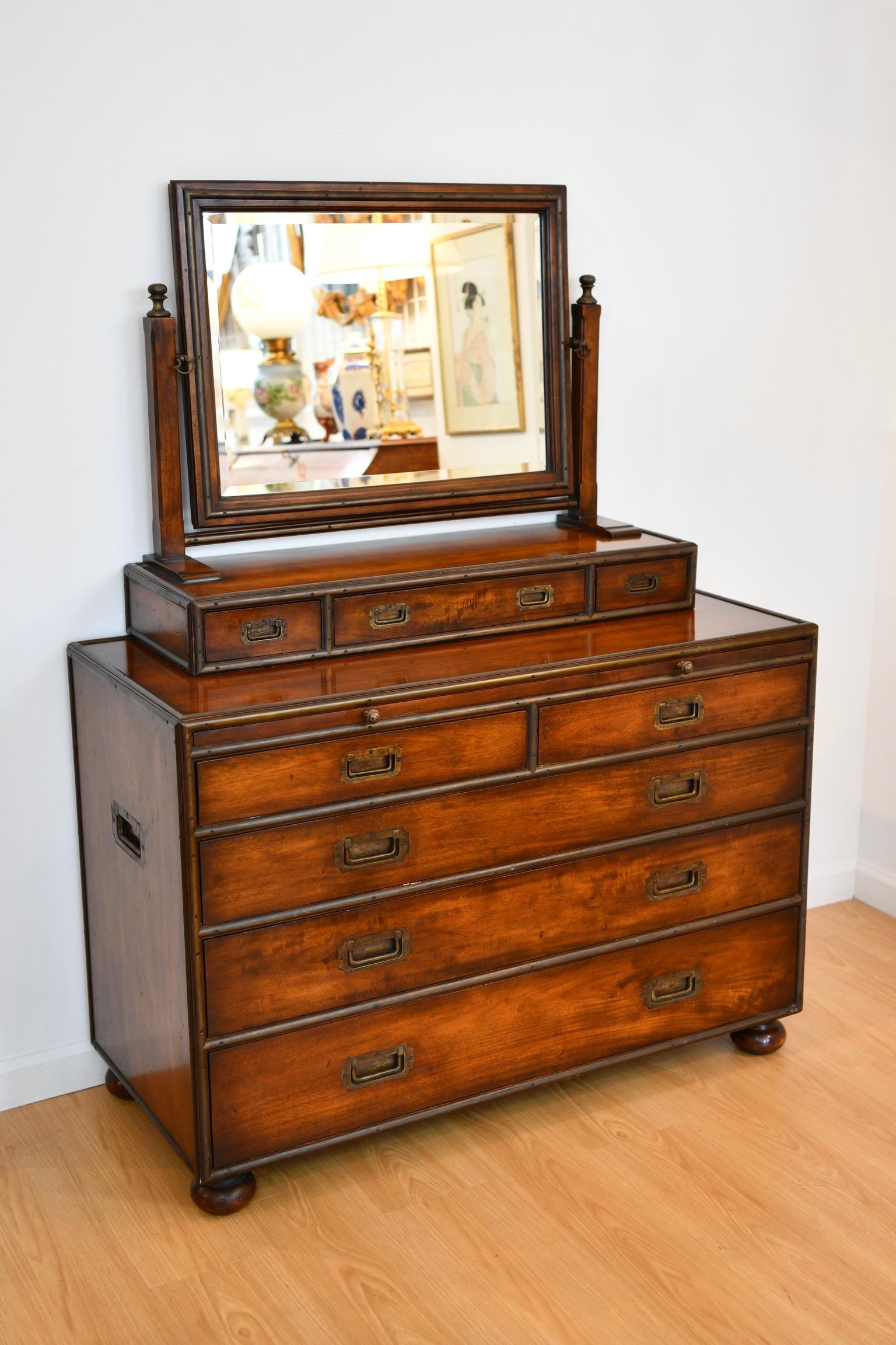 Theodore Alexander Campaign Style Dresser with Mirror In Good Condition In Brooklyn, NY