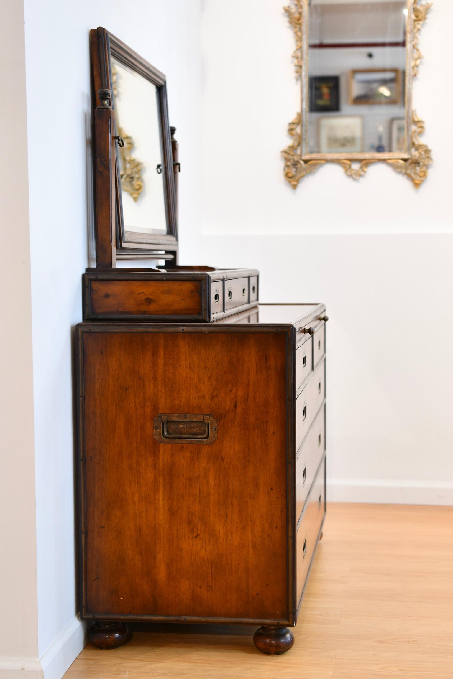 20th Century Theodore Alexander Campaign Style Dresser with Mirror