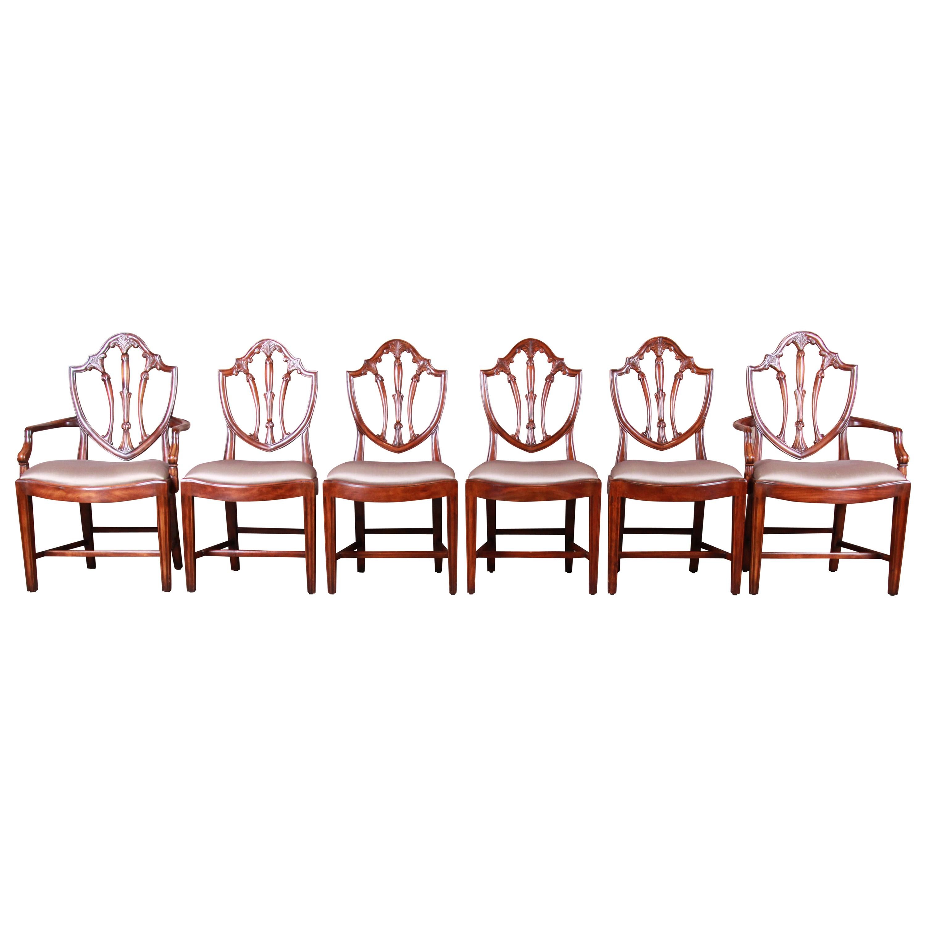 Theodore Alexander Carved Mahogany Shield Back Dining Chairs, Set of Six