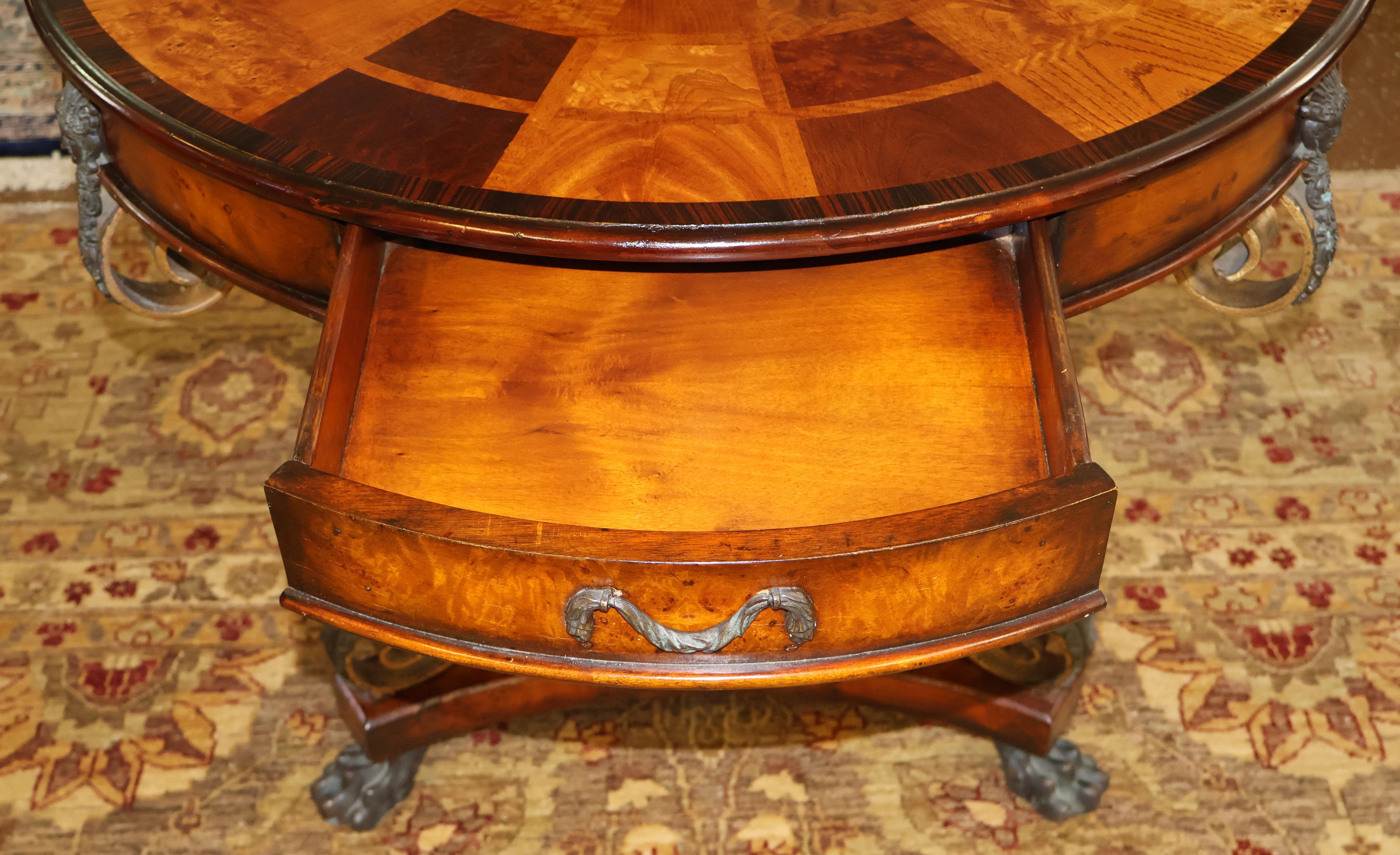 Theodore Alexander Caryatid Iron & Inlaid Walnut Burl Round Drum Center Table For Sale 4