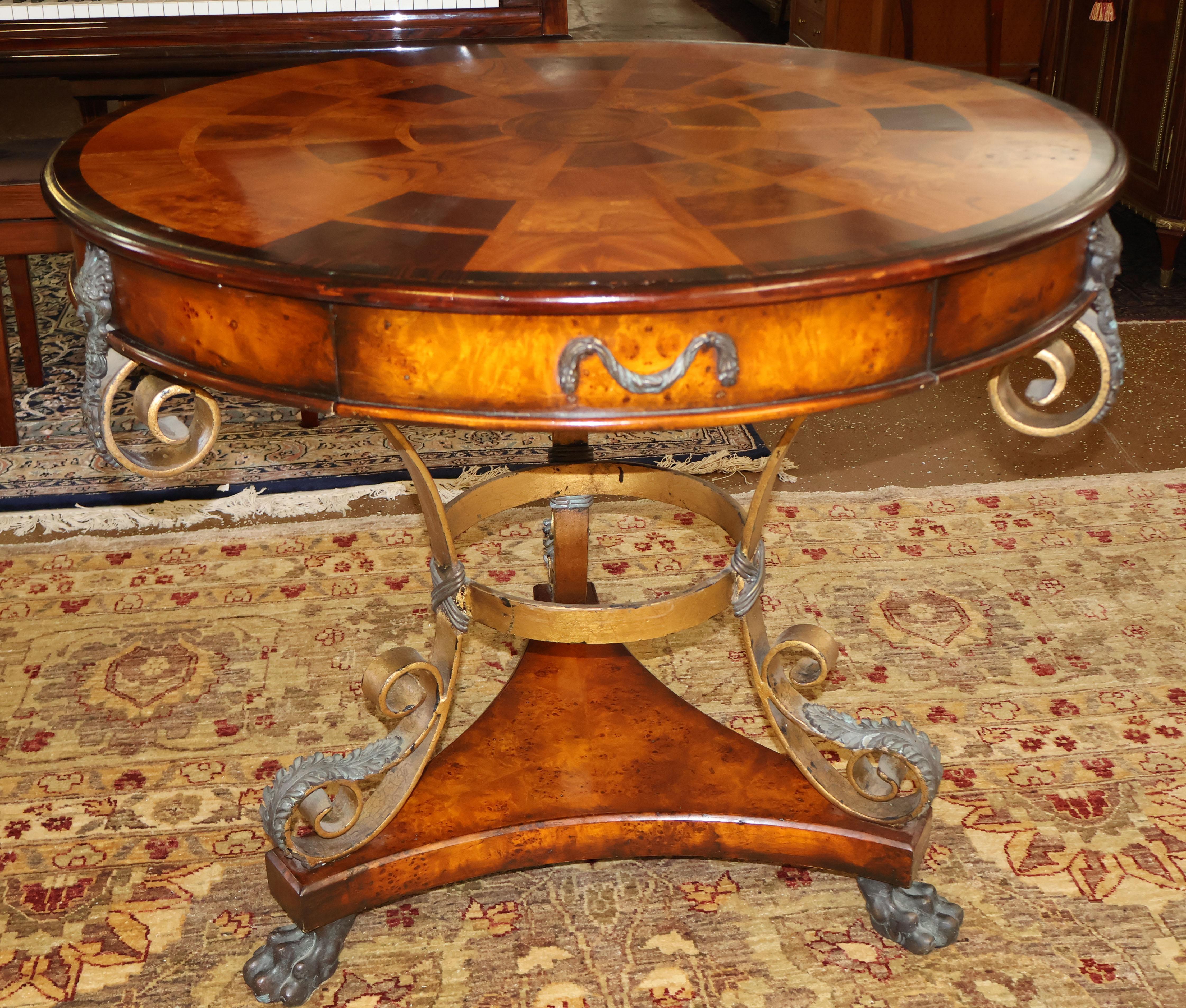 Theodore Alexander Caryatid Iron & Inlaid Walnut Burl Round Drum Center Table For Sale 5