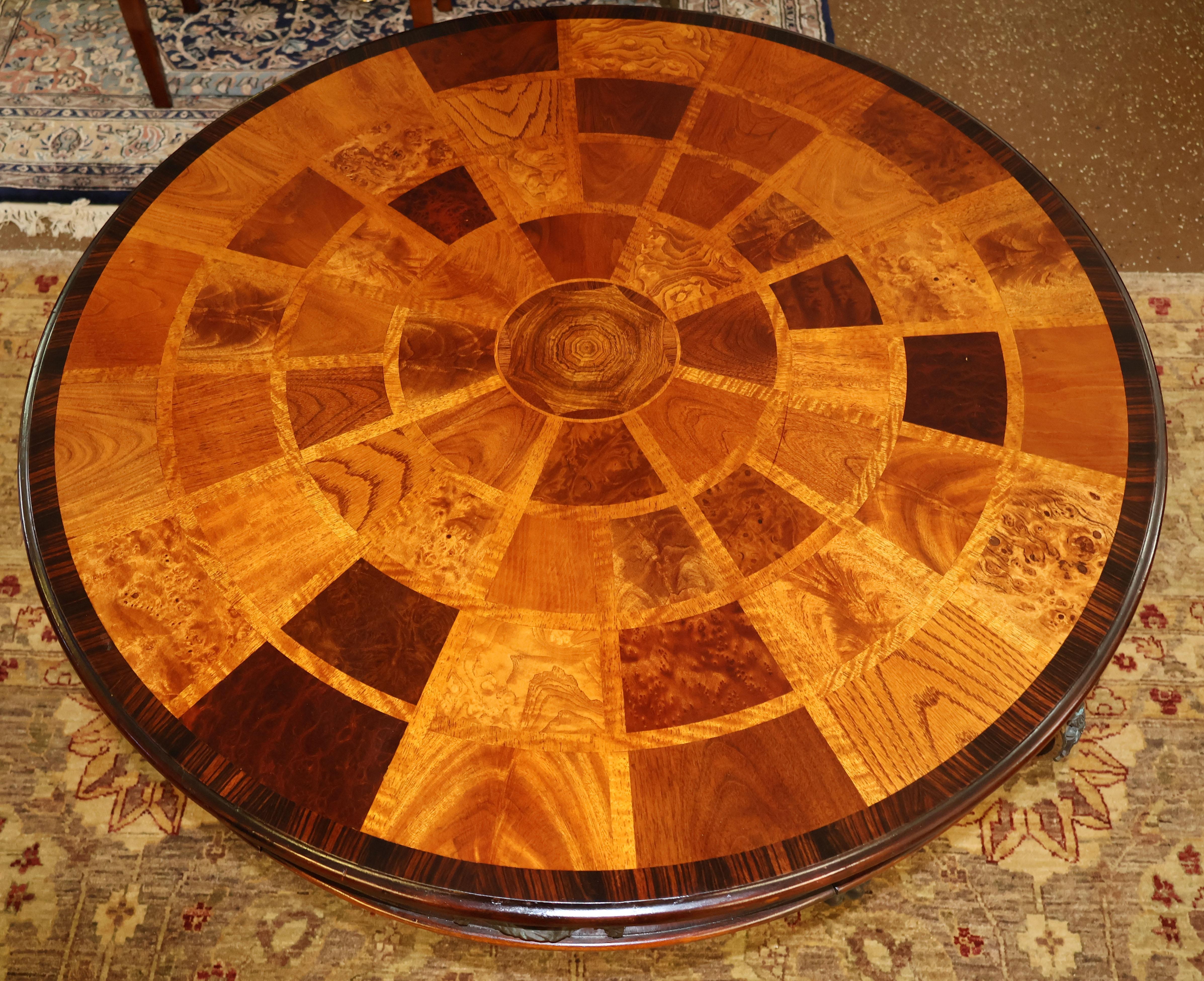 Theodore Alexander Caryatid Iron & Inlaid Walnut Burl Round Drum Center Table For Sale 6