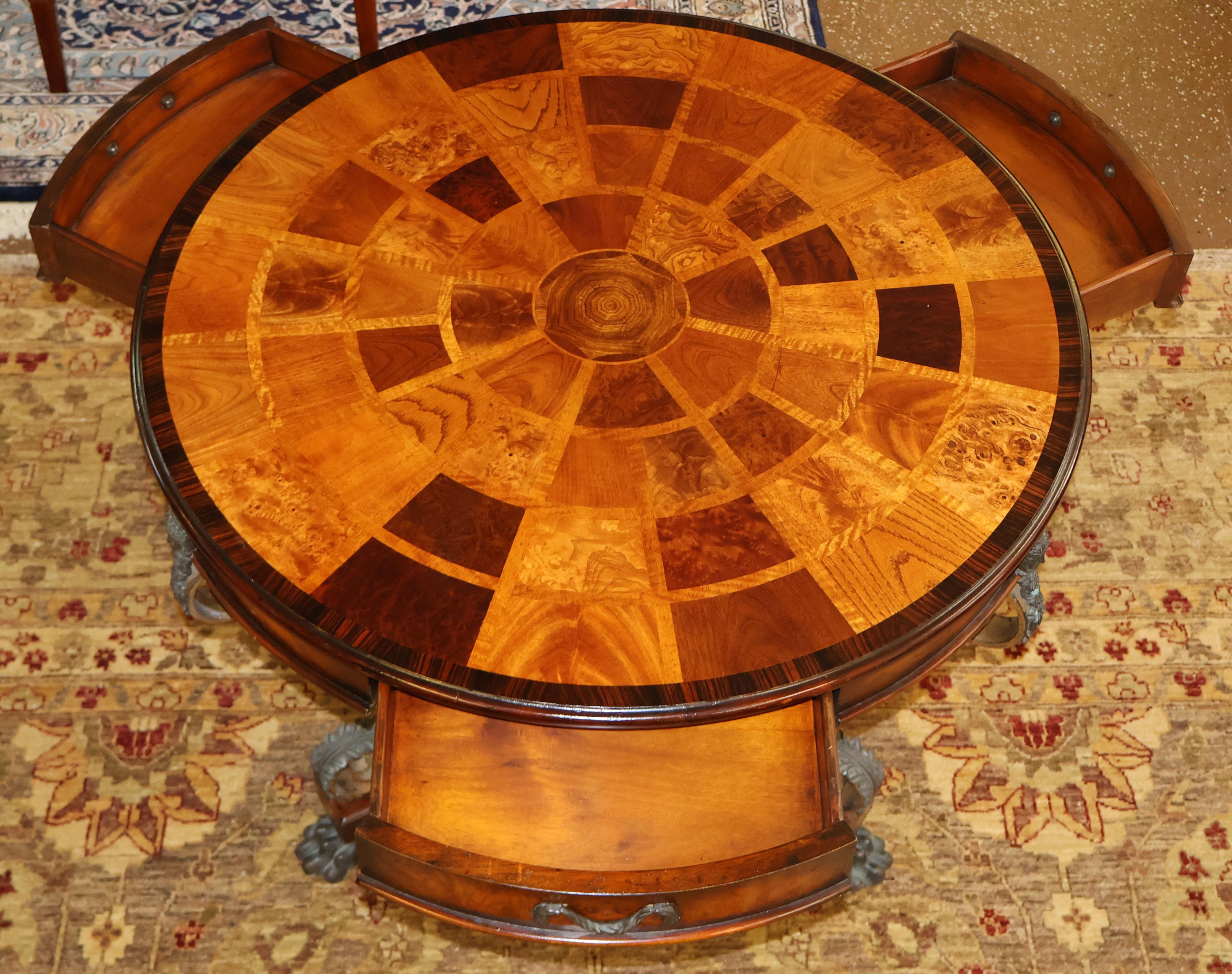 Theodore Alexander Caryatid Iron & Inlaid Walnut Burl Round Drum Center Table For Sale 8