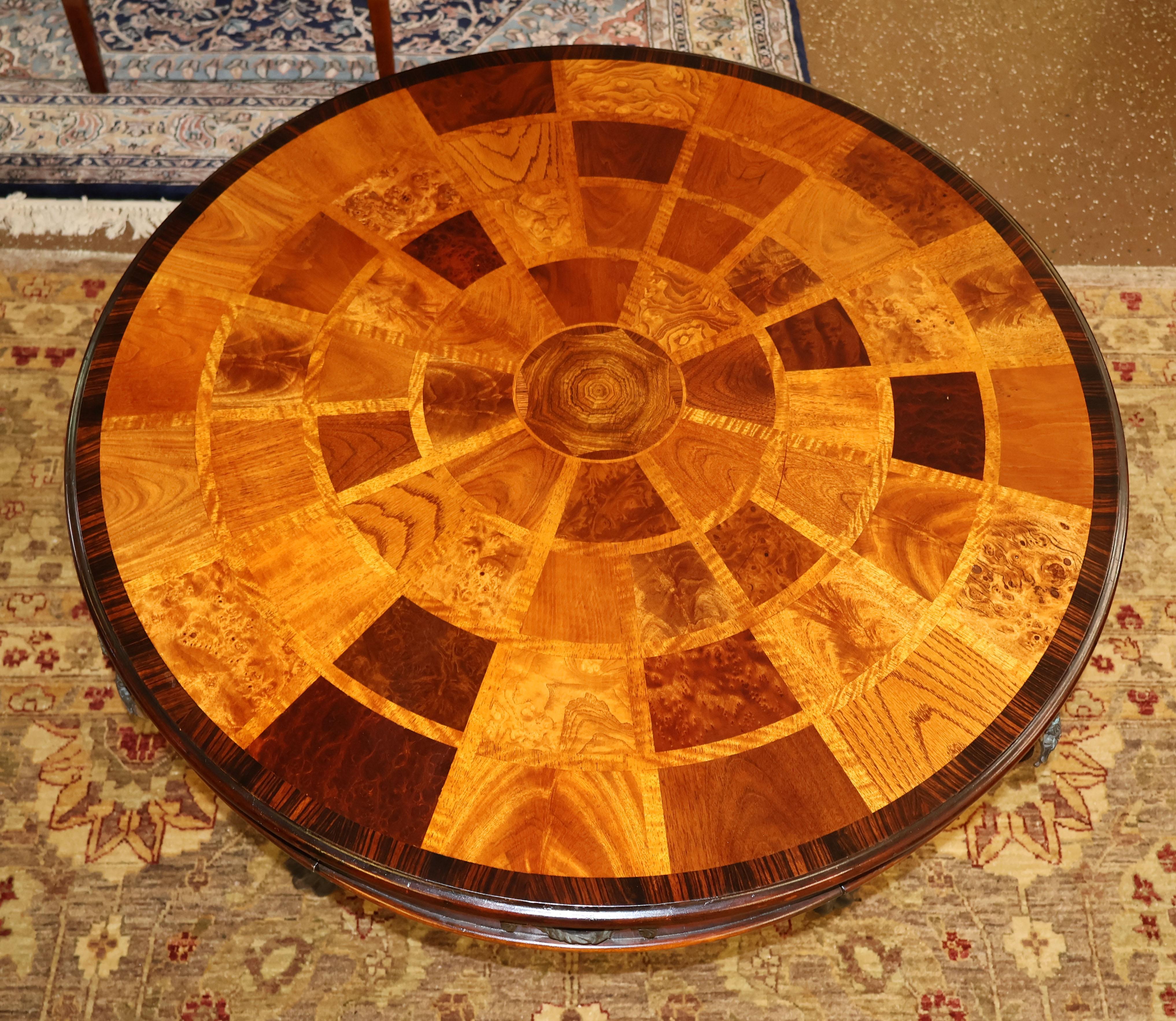Theodore Alexander - Table centrale à tambour rond en fer caryatide et loupe de noyer incrustée en vente 8