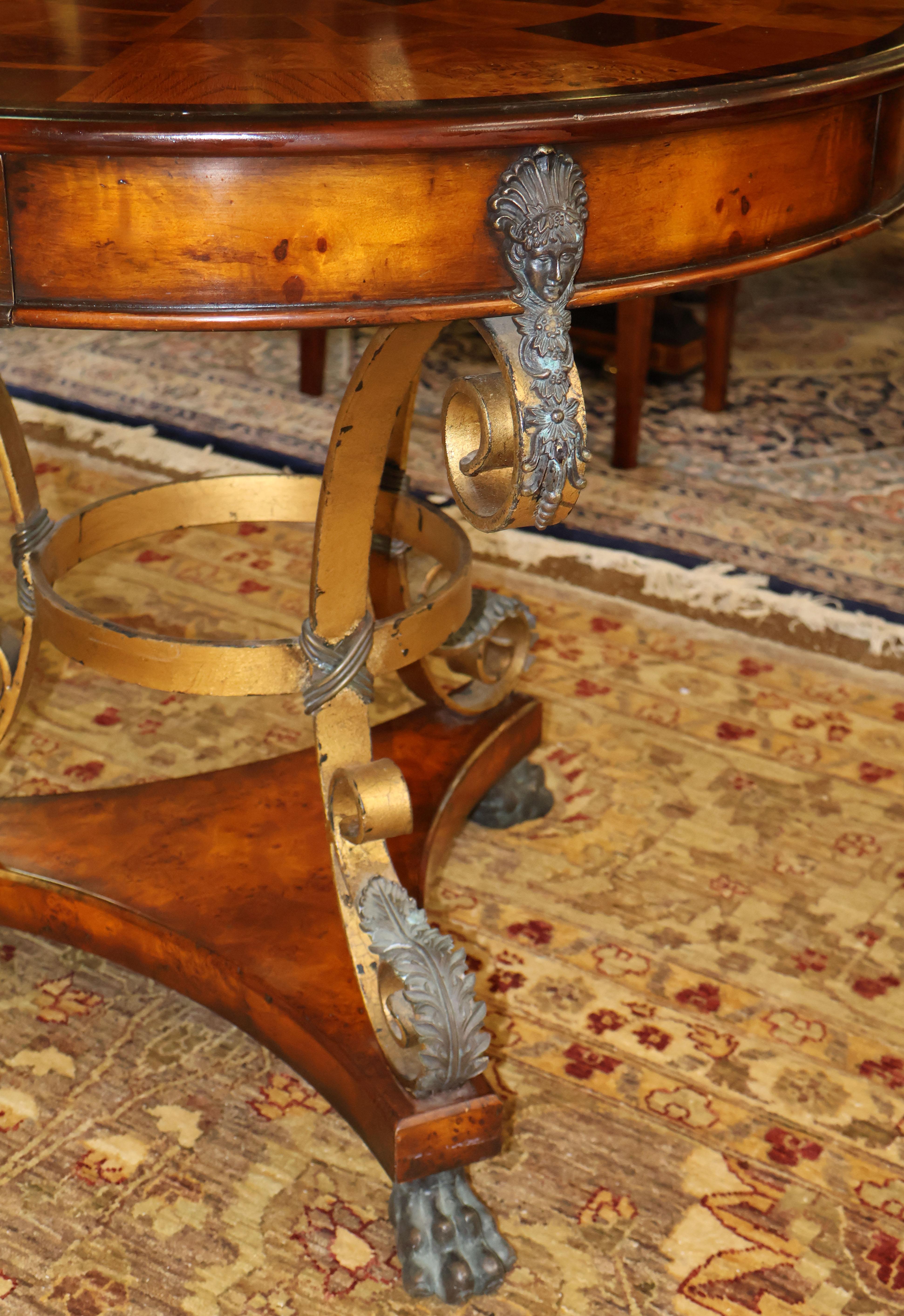 Theodore Alexander Caryatid Iron & Inlaid Walnut Burl Round Drum Center Table For Sale 11