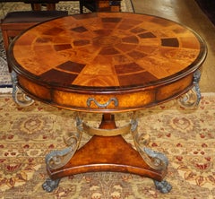 Theodore Alexander Caryatid Iron & Inlaid Walnut Burl Round Drum Center Table