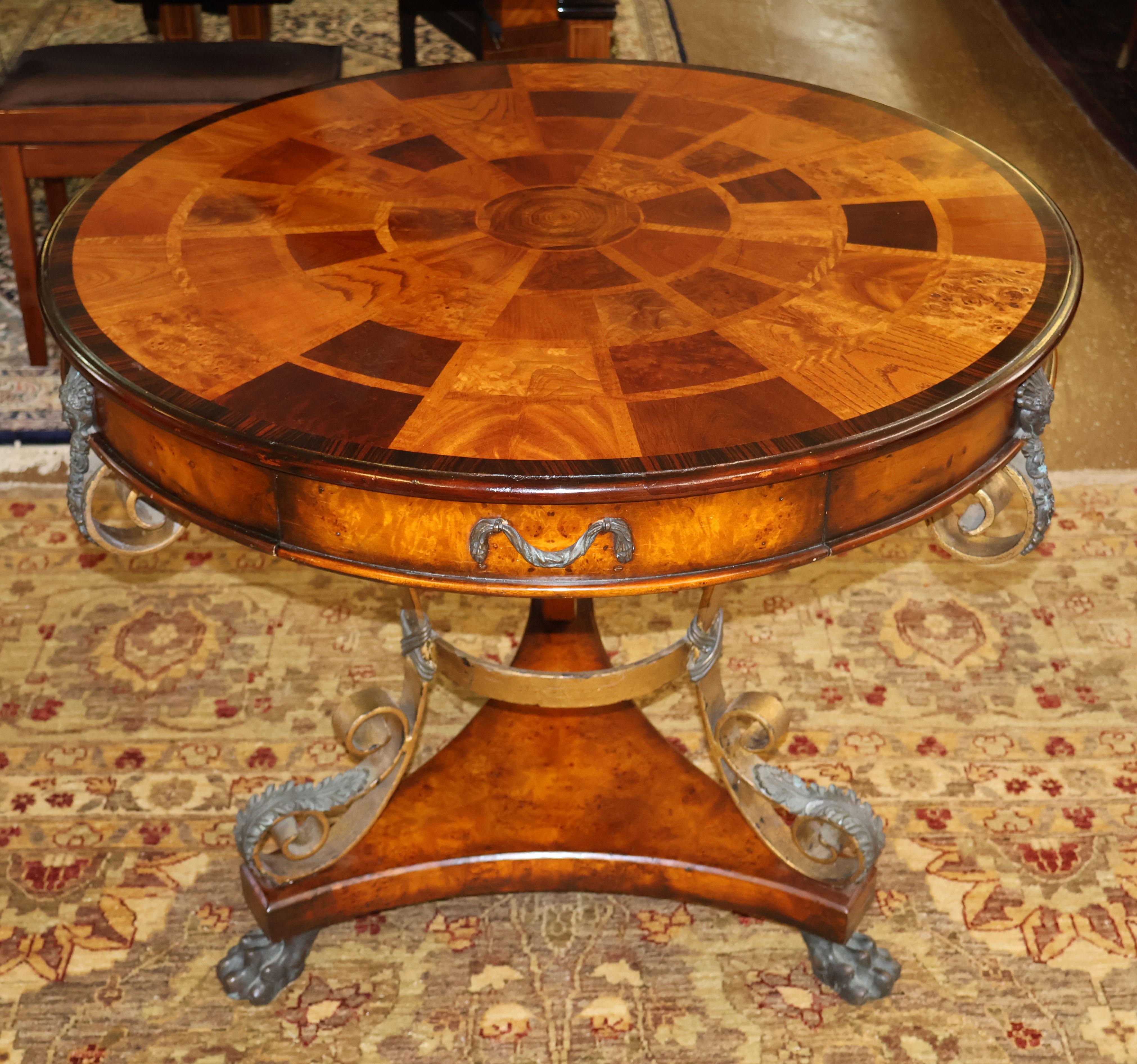 Egyptian Revival Theodore Alexander Caryatid Iron & Inlaid Walnut Burl Round Drum Center Table For Sale