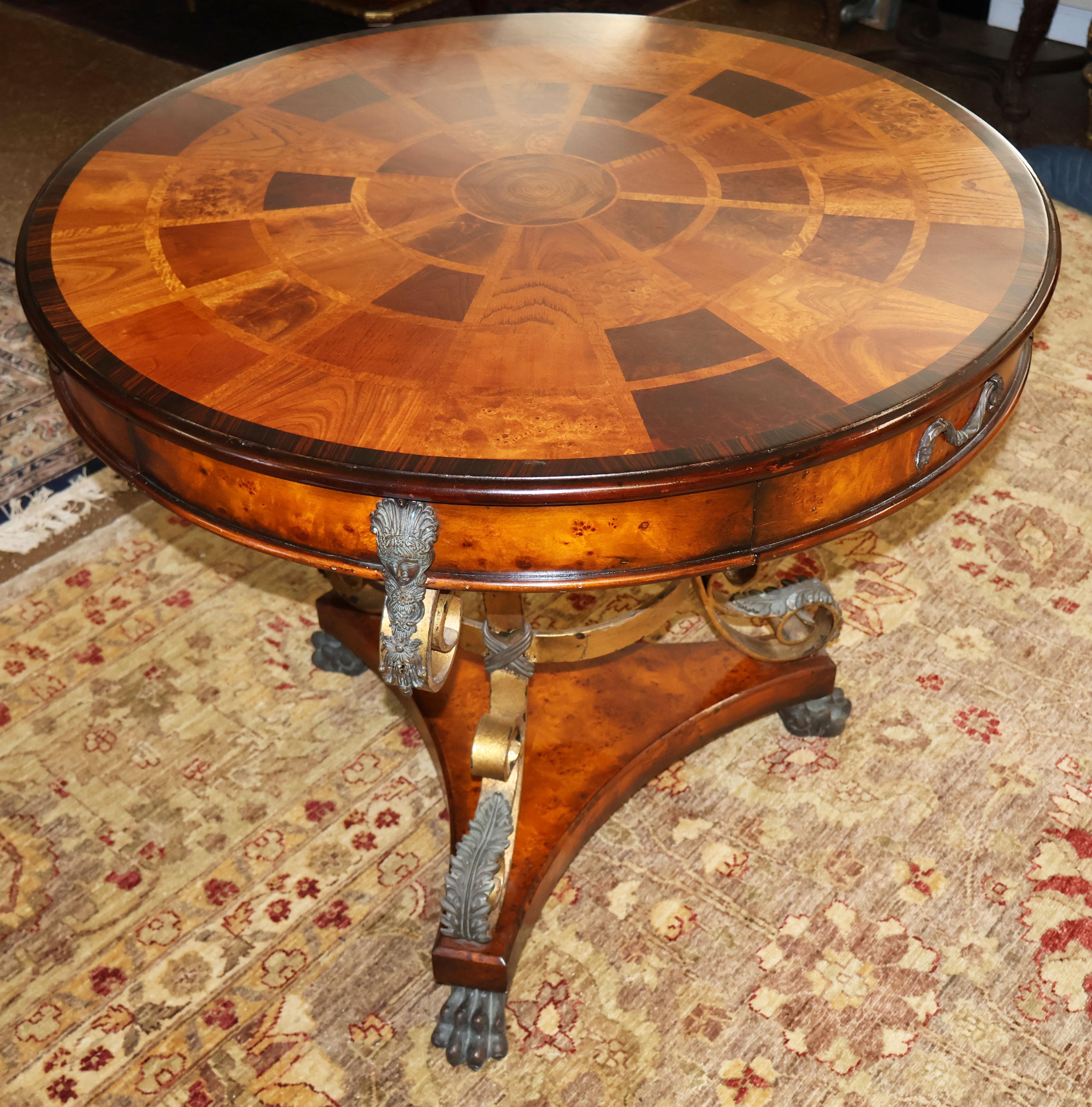 Theodore Alexander Caryatid Iron & Inlaid Walnut Burl Round Drum Center Table In Good Condition For Sale In Long Branch, NJ