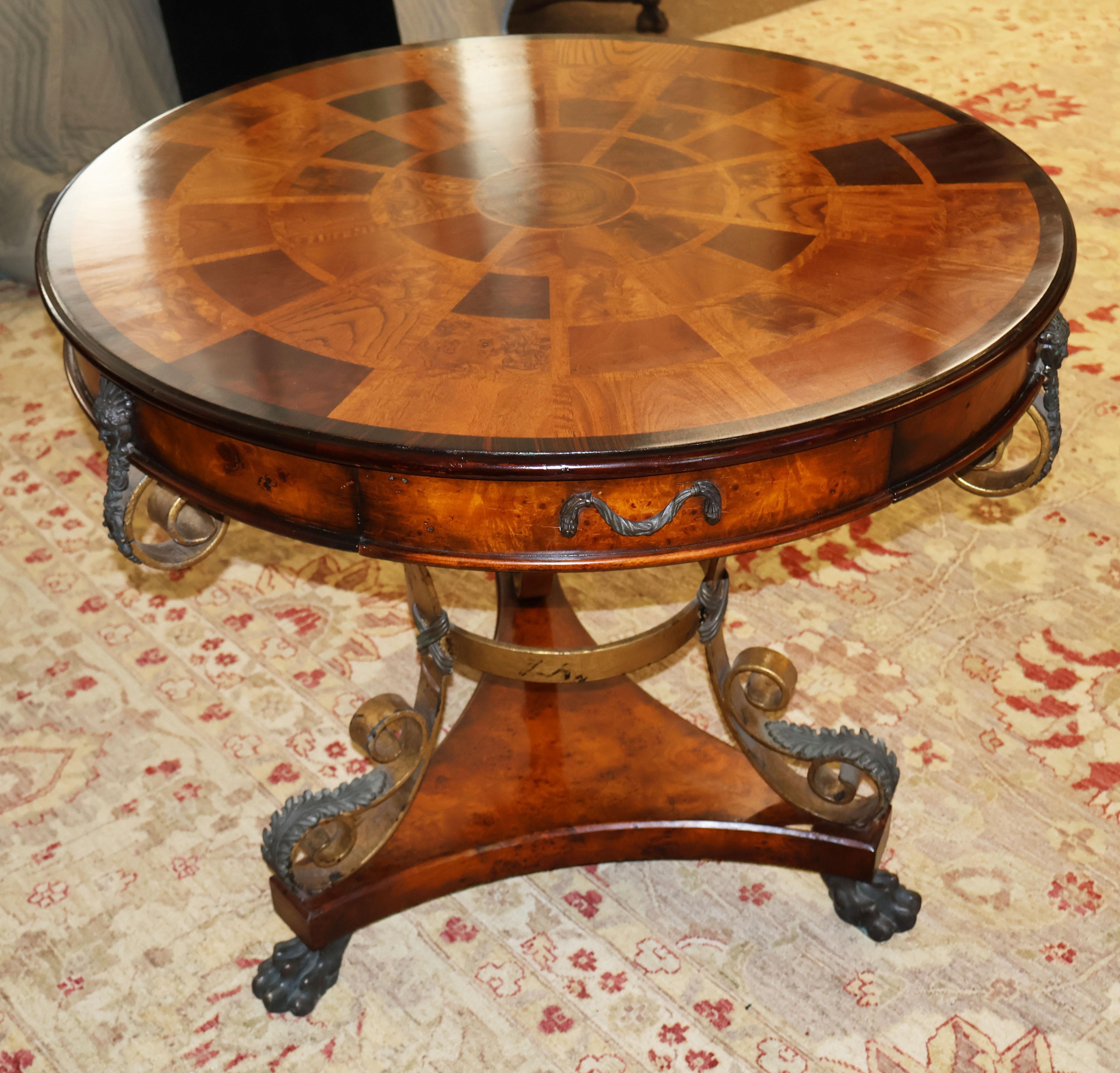 Contemporary Theodore Alexander Caryatid Iron & Inlaid Walnut Burl Round Drum Center Table For Sale