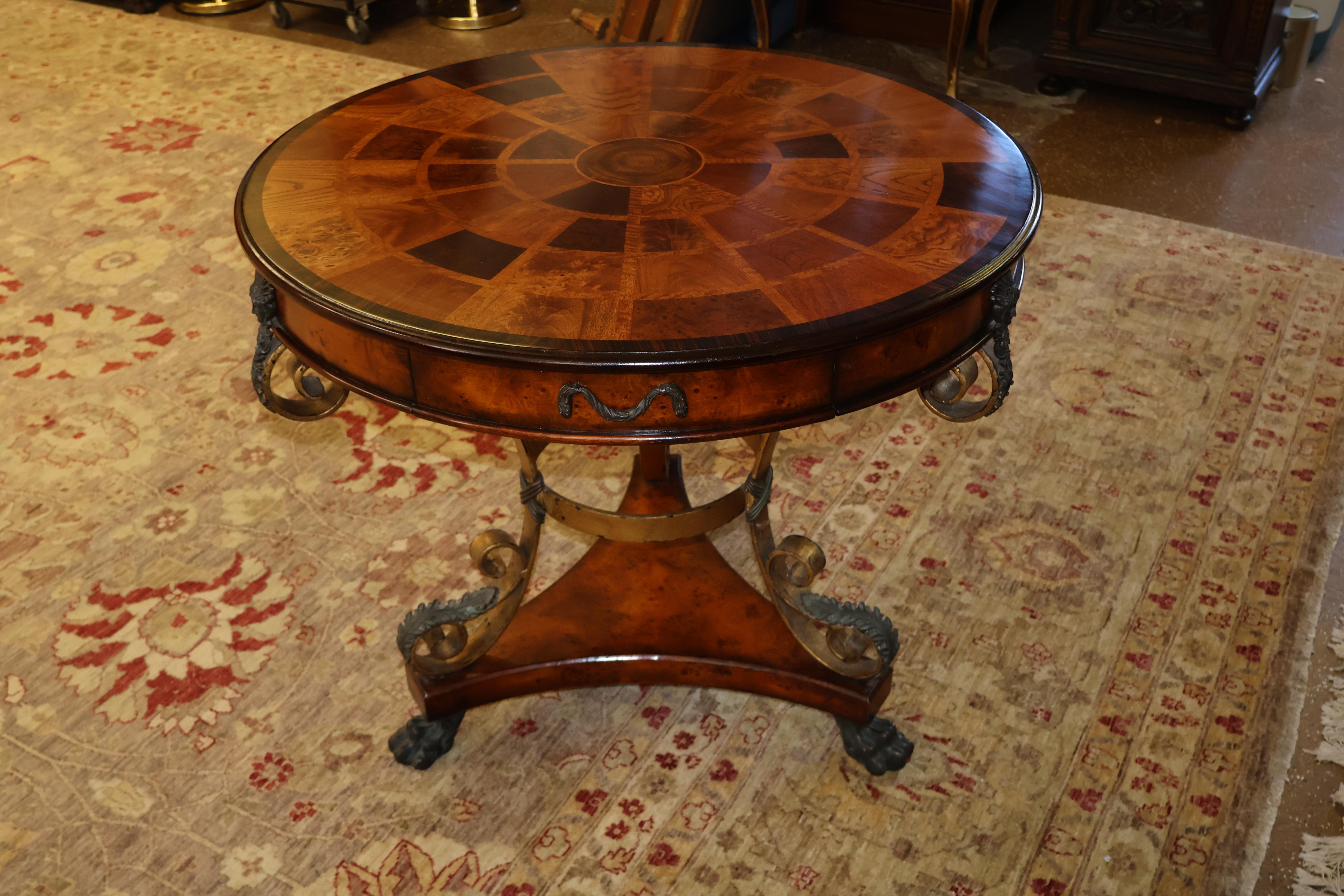 Theodore Alexander Caryatid Iron & Inlaid Walnut Burl Round Drum Center Table For Sale 1