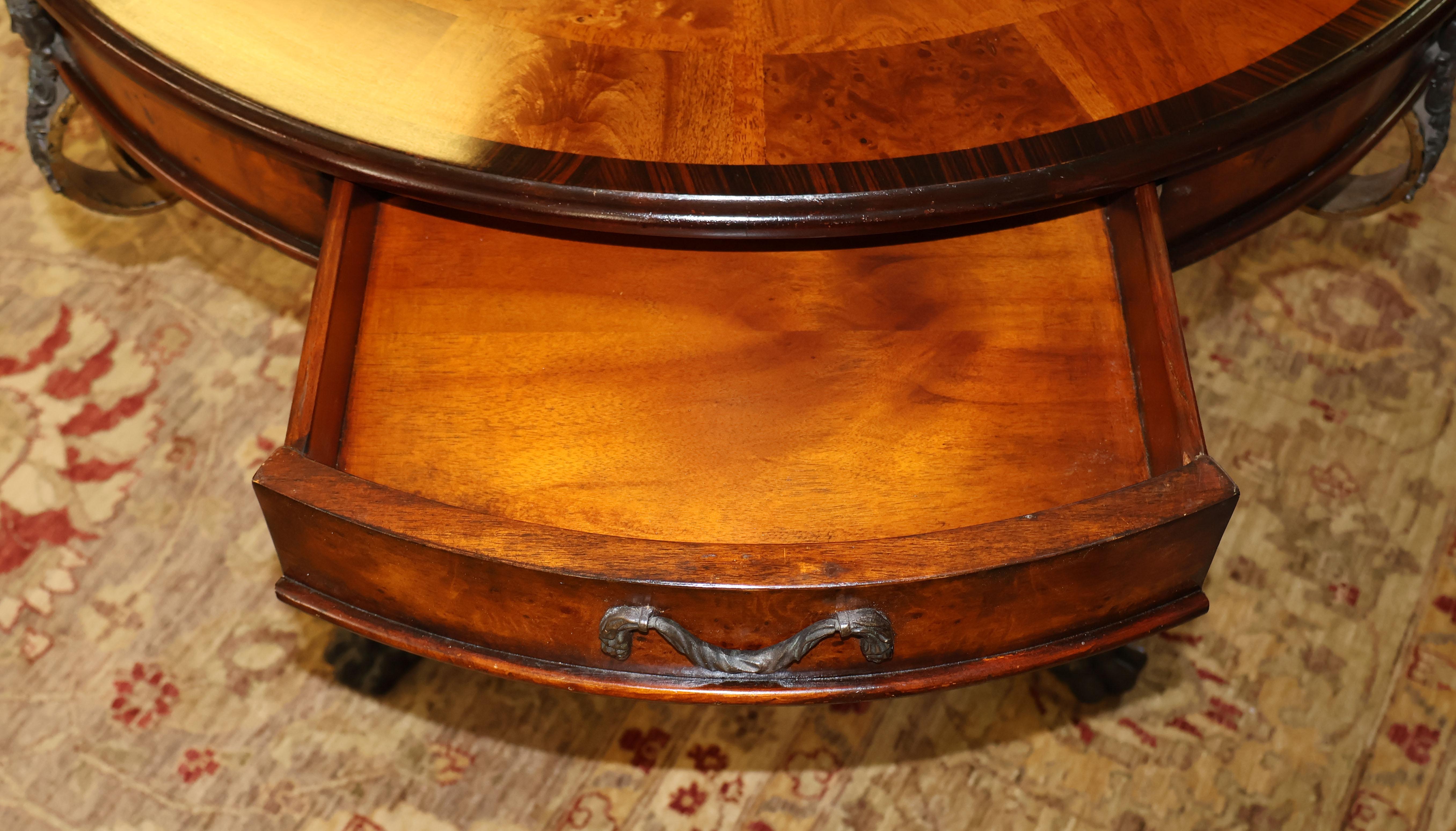 Theodore Alexander Caryatid Iron & Inlaid Walnut Burl Round Drum Center Table For Sale 2