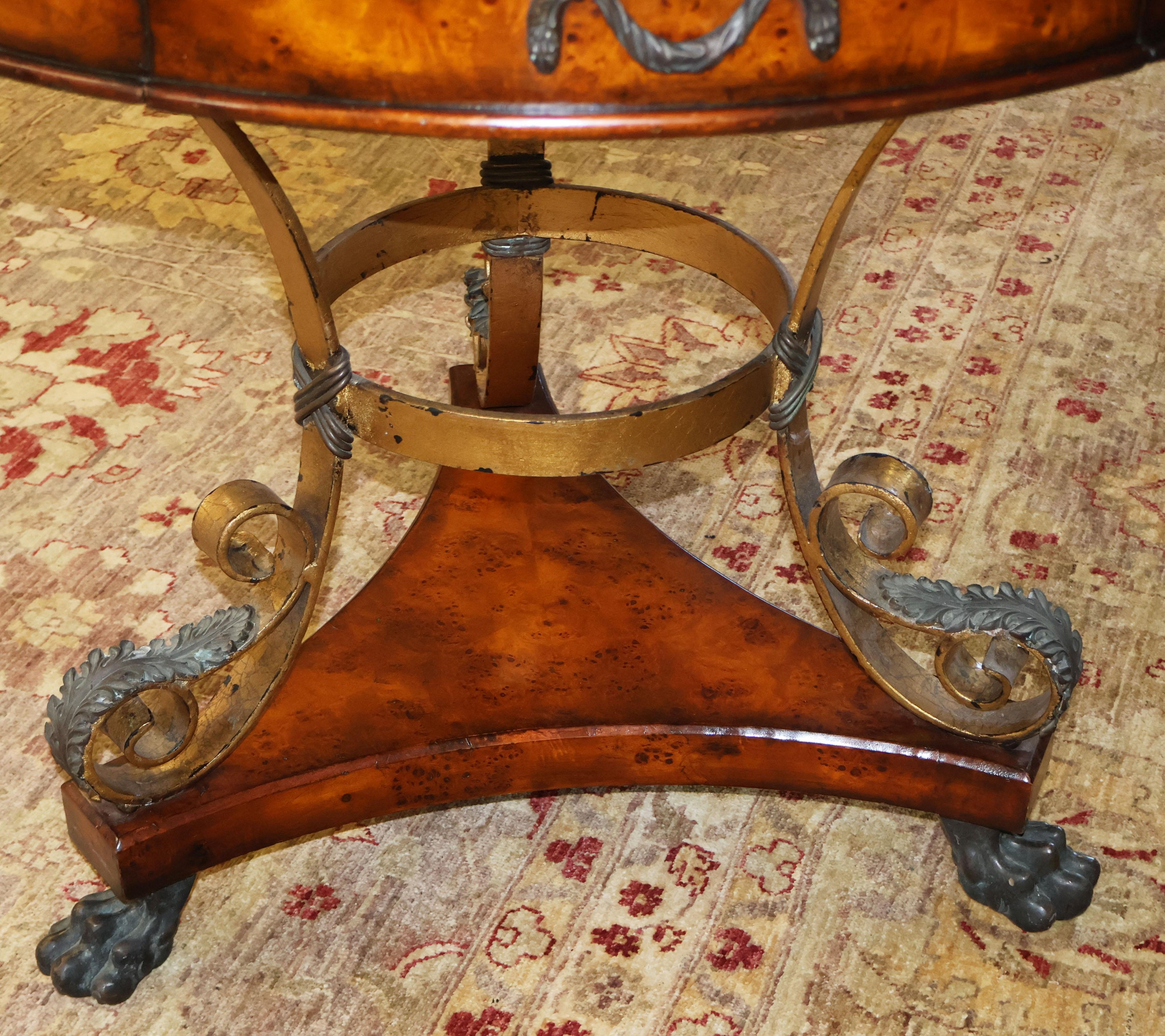 Theodore Alexander Caryatid Iron & Inlaid Walnut Burl Round Drum Center Table For Sale 3