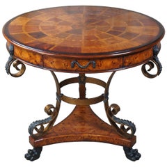 Theodore Alexander Caryatid Iron & Walnut Burl Round Drum Center Table Paw Foot