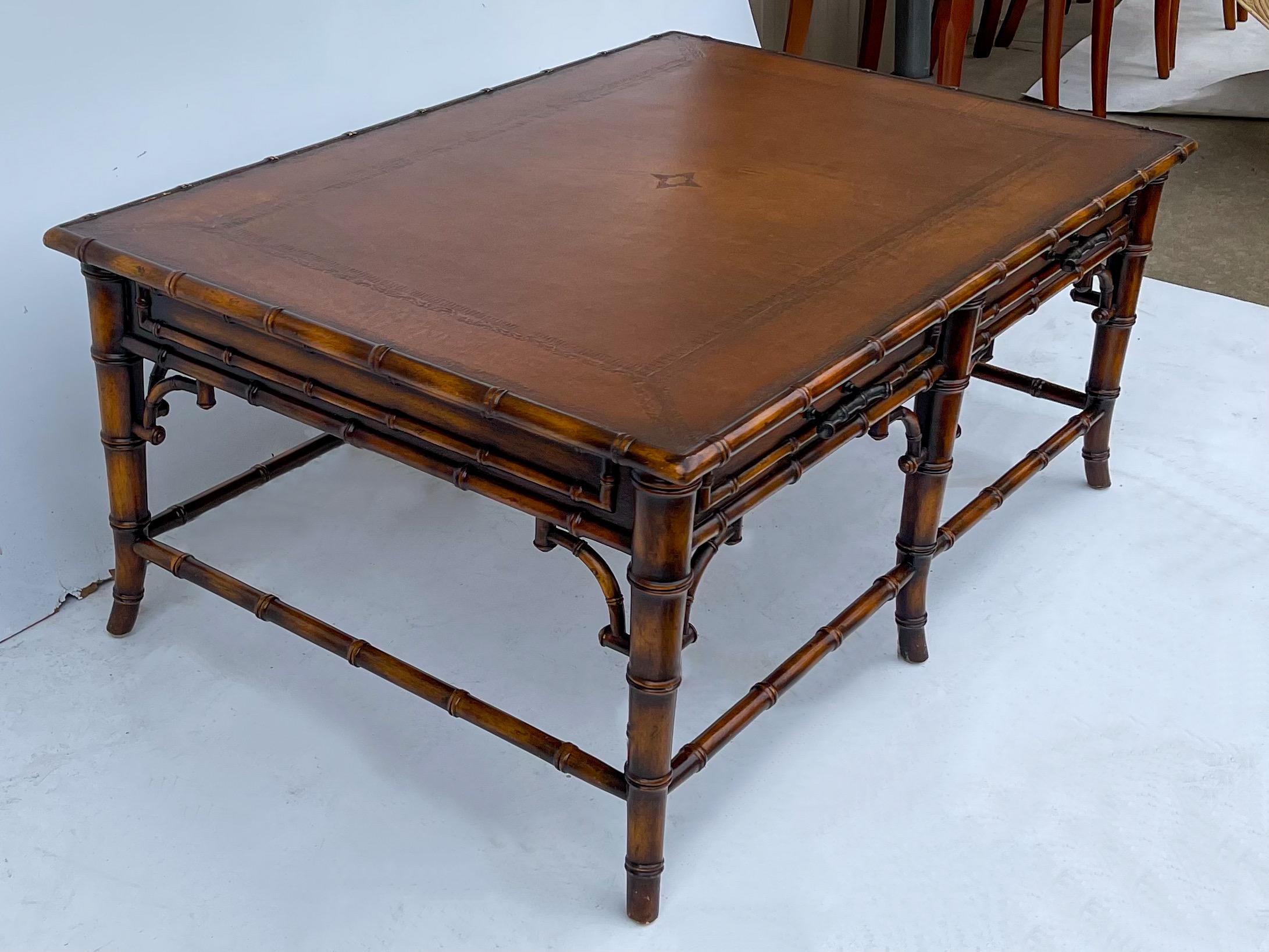 American Theodore Alexander Chinese Chippendale Style Faux Bamboo / Leather Coffee Table