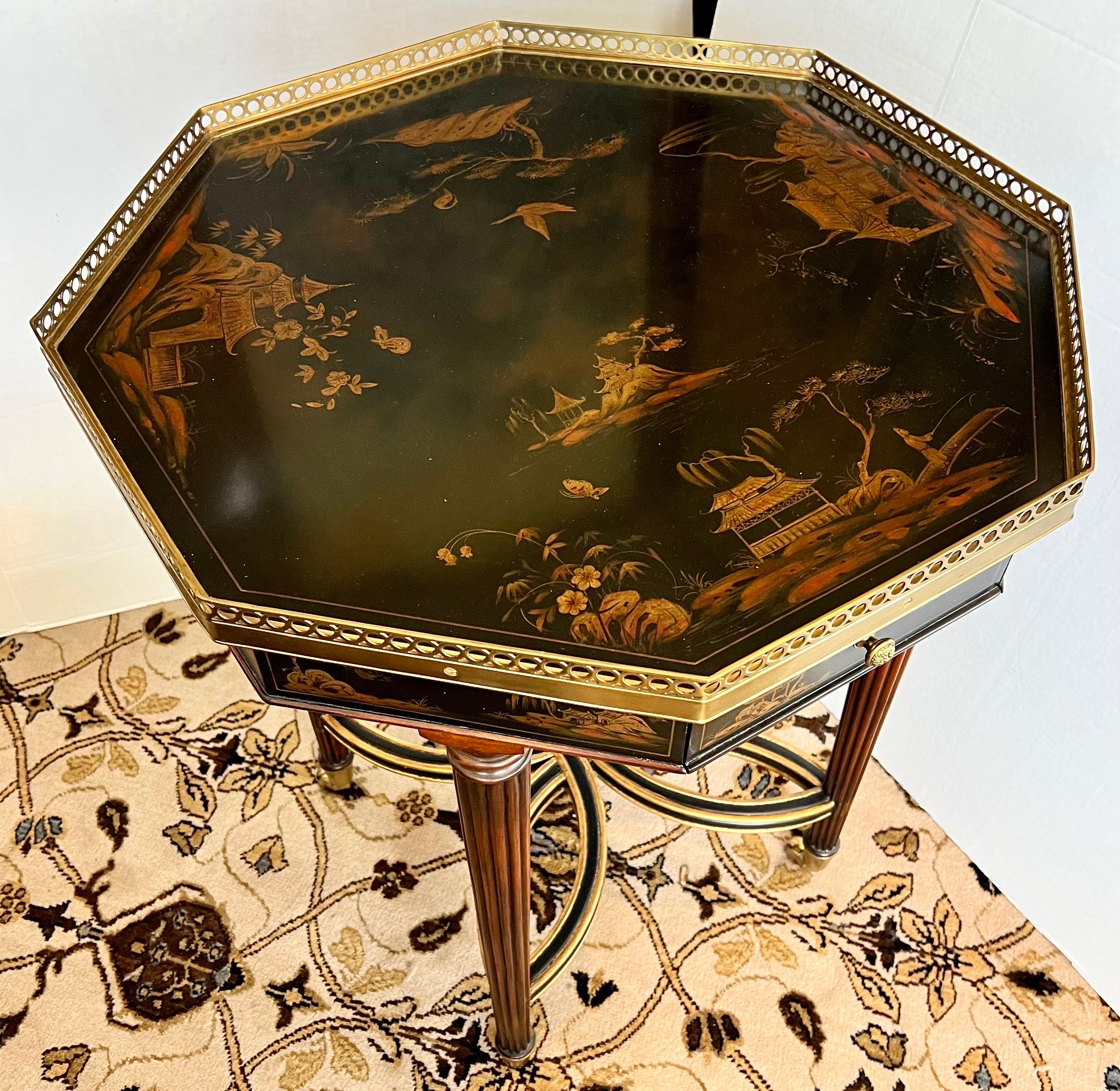 Theodore Alexander Chinoiserie Octagonal Black Lacquered and Gold Accent Table 7