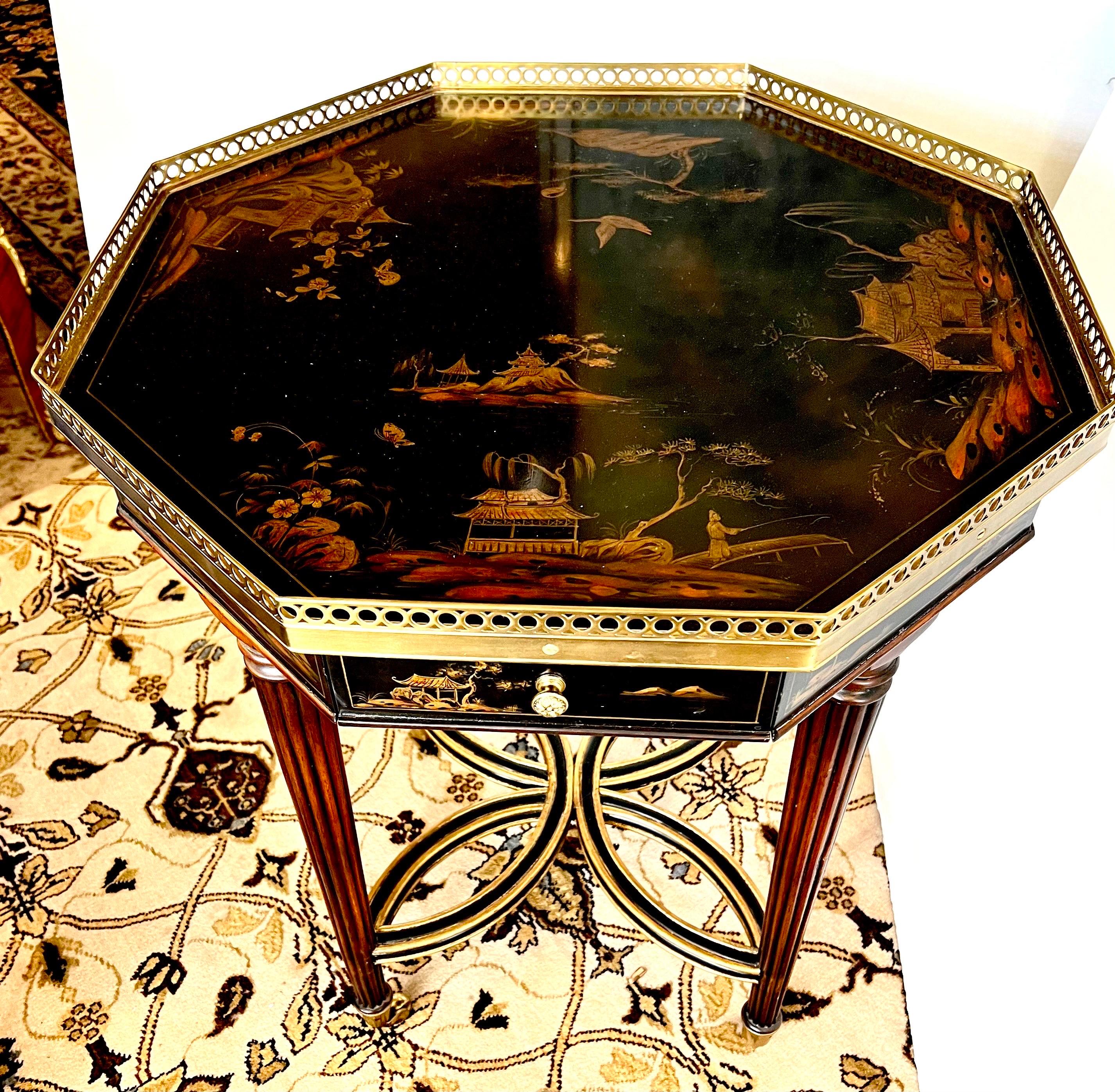 Theodore Alexander Chinoiserie Octagonal Black Lacquered and Gold Accent Table 8