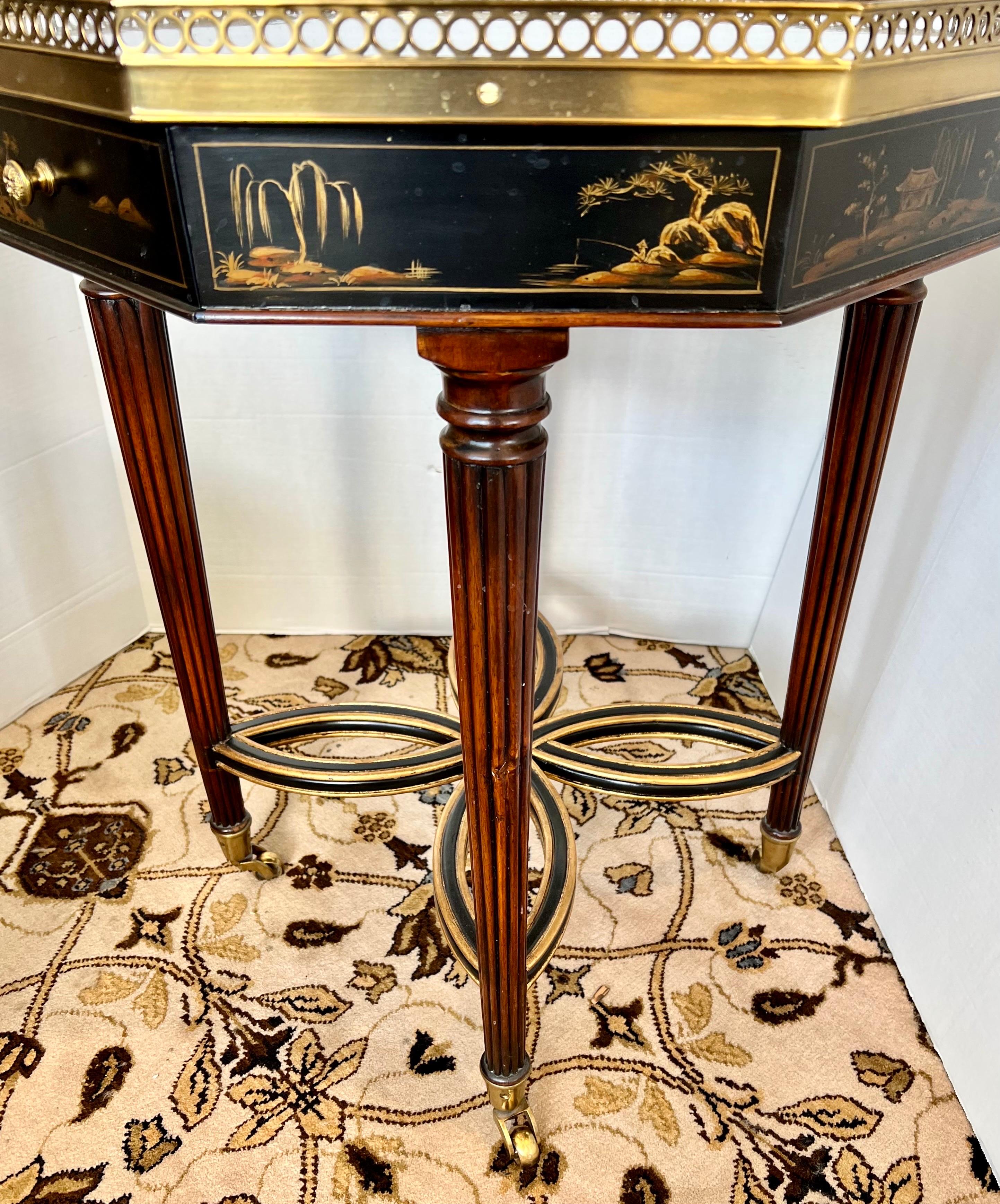 Brass Theodore Alexander Chinoiserie Octagonal Black Lacquered and Gold Accent Table