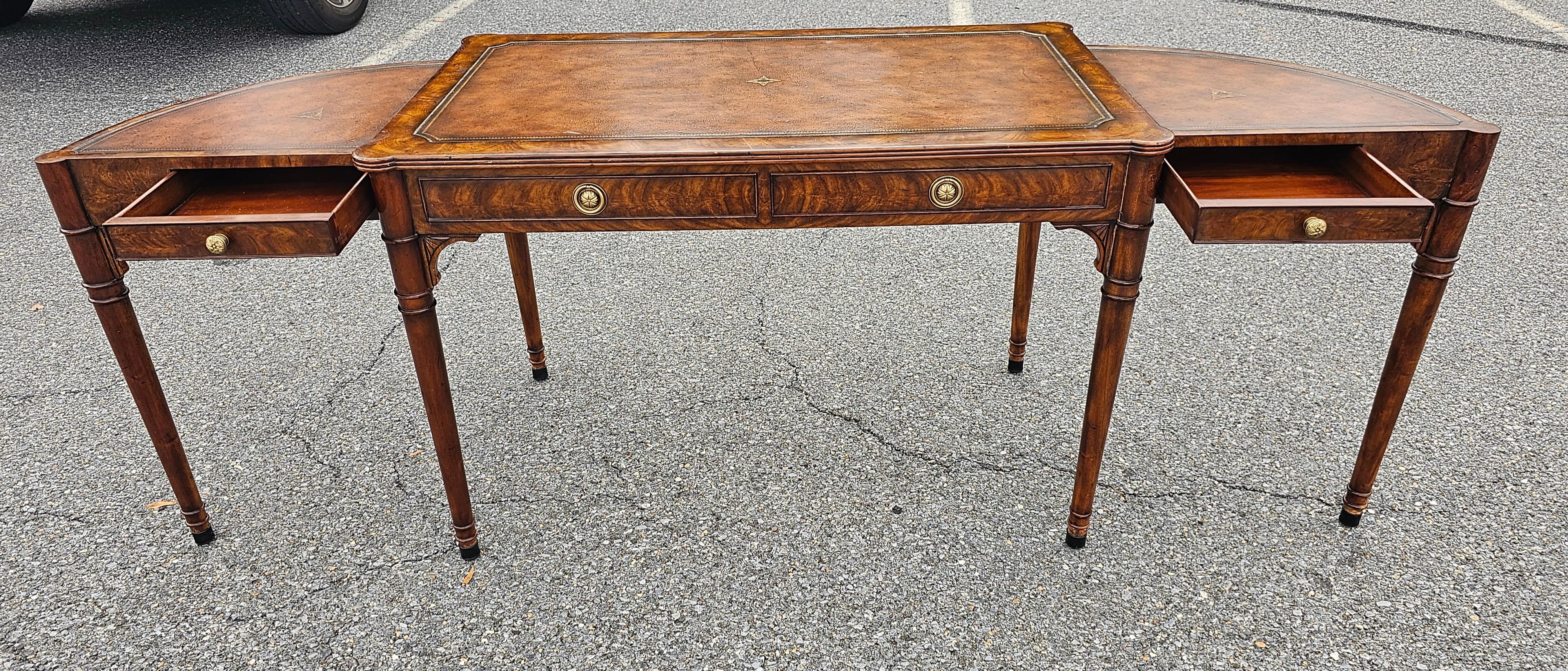 Post-Modern Theodore Alexander Extendable Mahogany and Tooled Leather Top Writing Desk For Sale