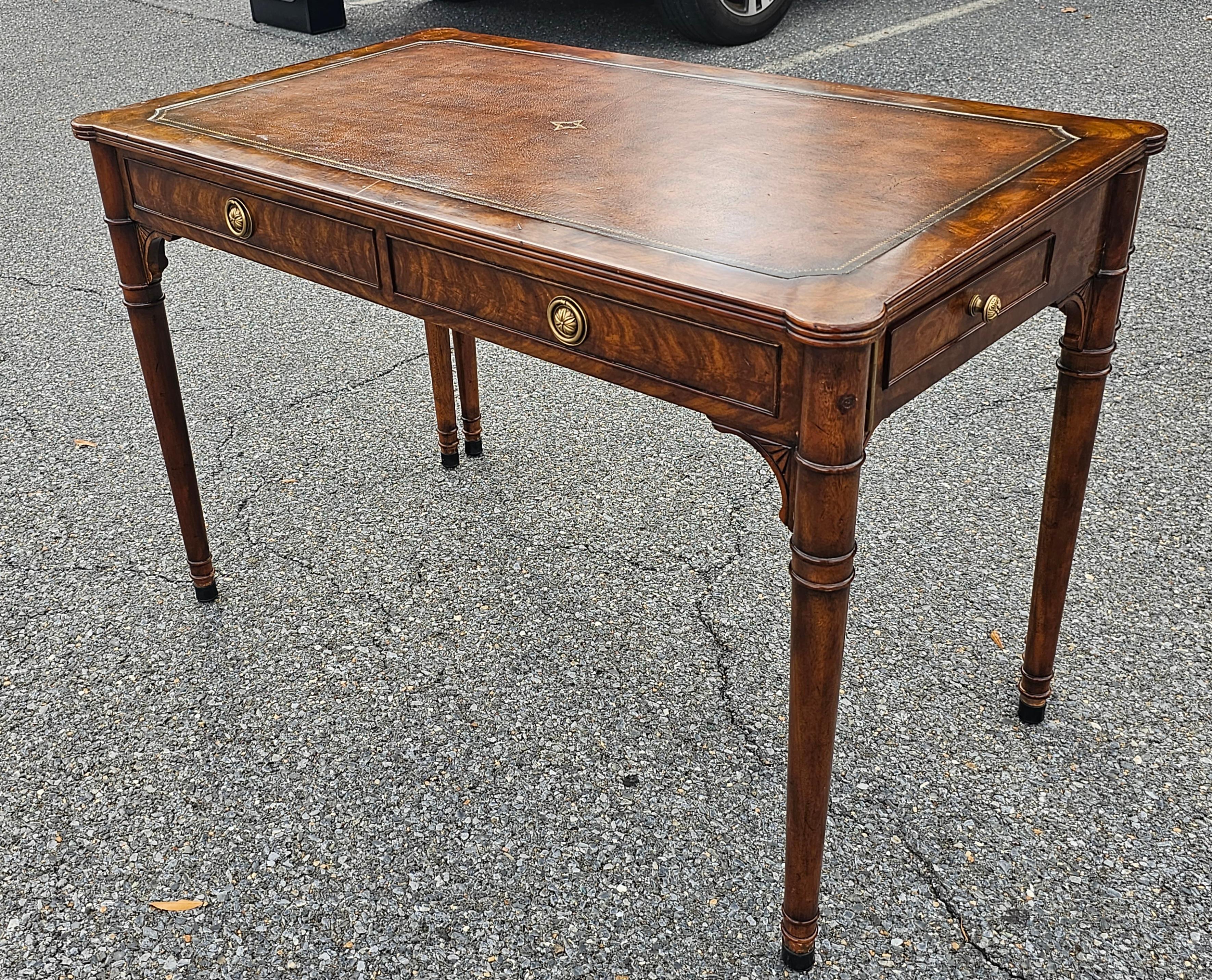 Vietnamese Theodore Alexander Extendable Mahogany and Tooled Leather Top Writing Desk For Sale