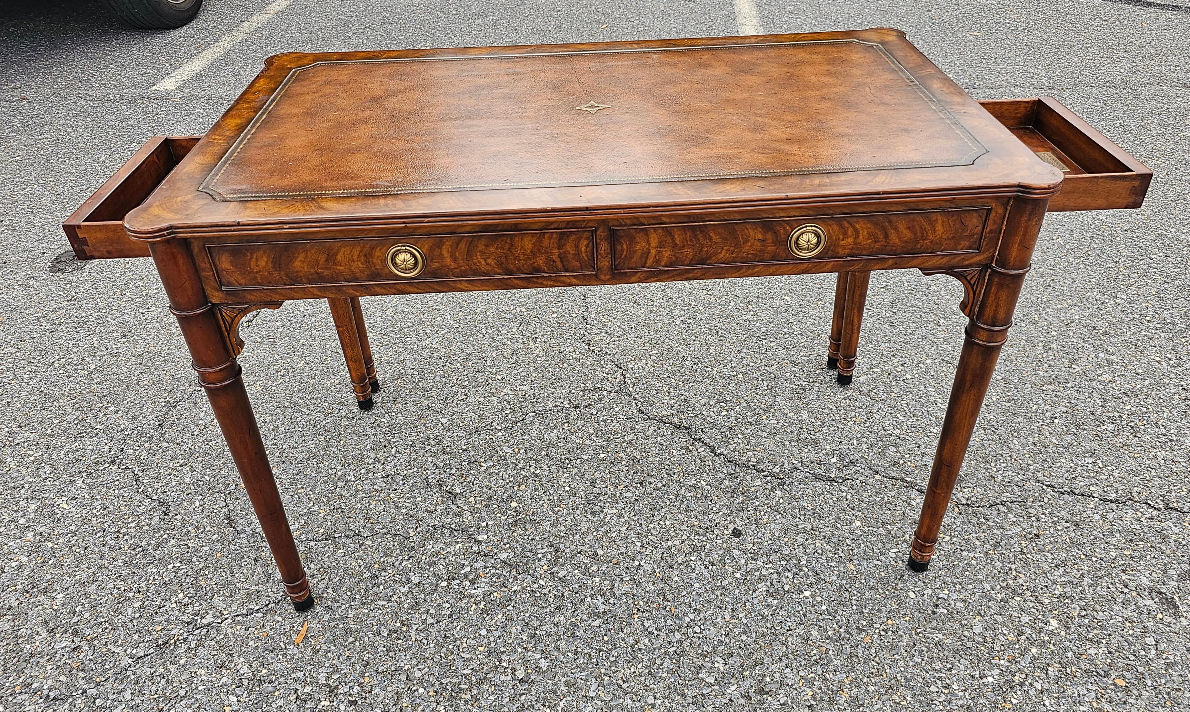 Brass Theodore Alexander Extendable Mahogany and Tooled Leather Top Writing Desk For Sale