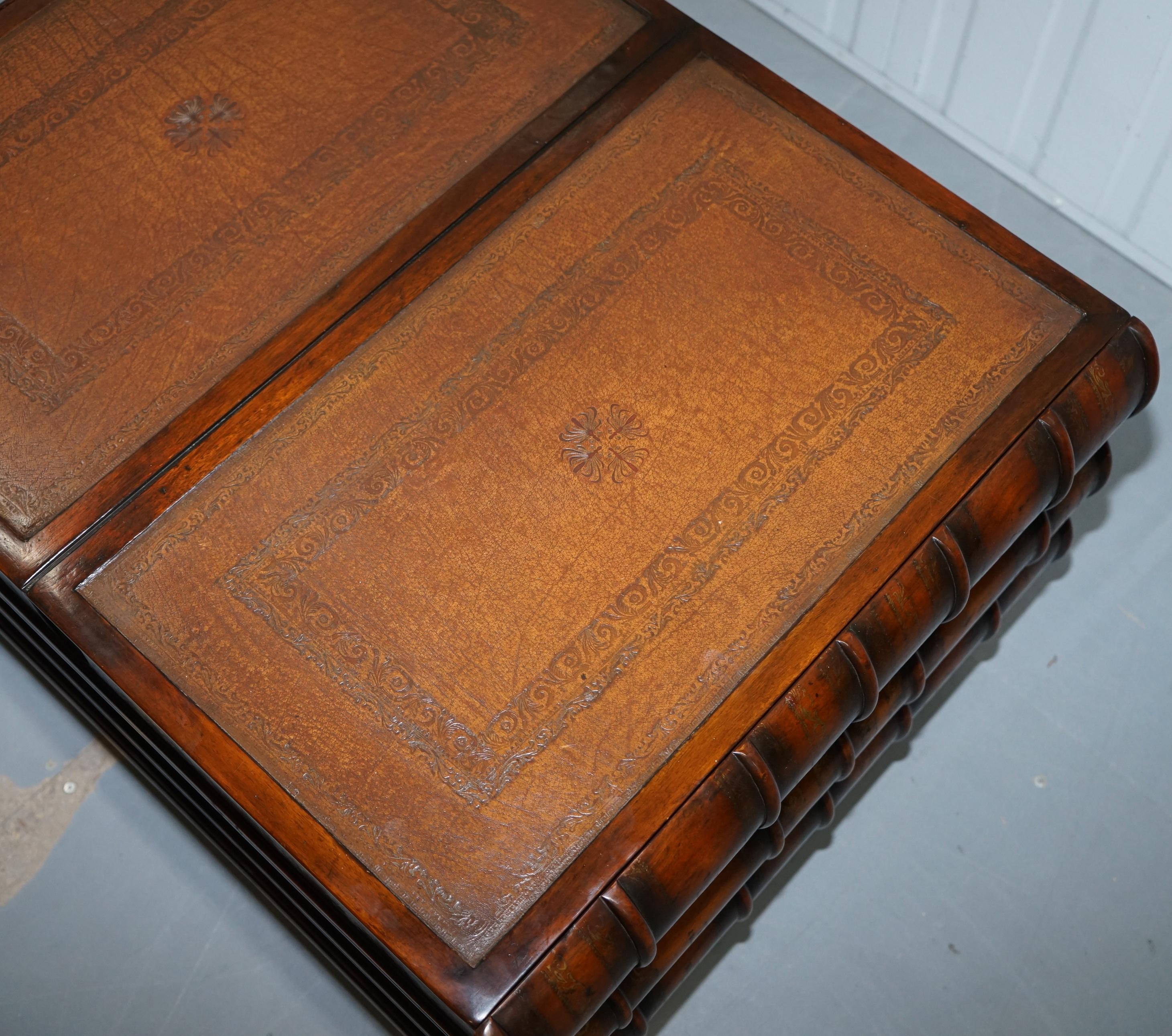 Hand-Carved Theodore Alexander Faux Scholars Books Coffee Table Chest of Drawers Leather Top