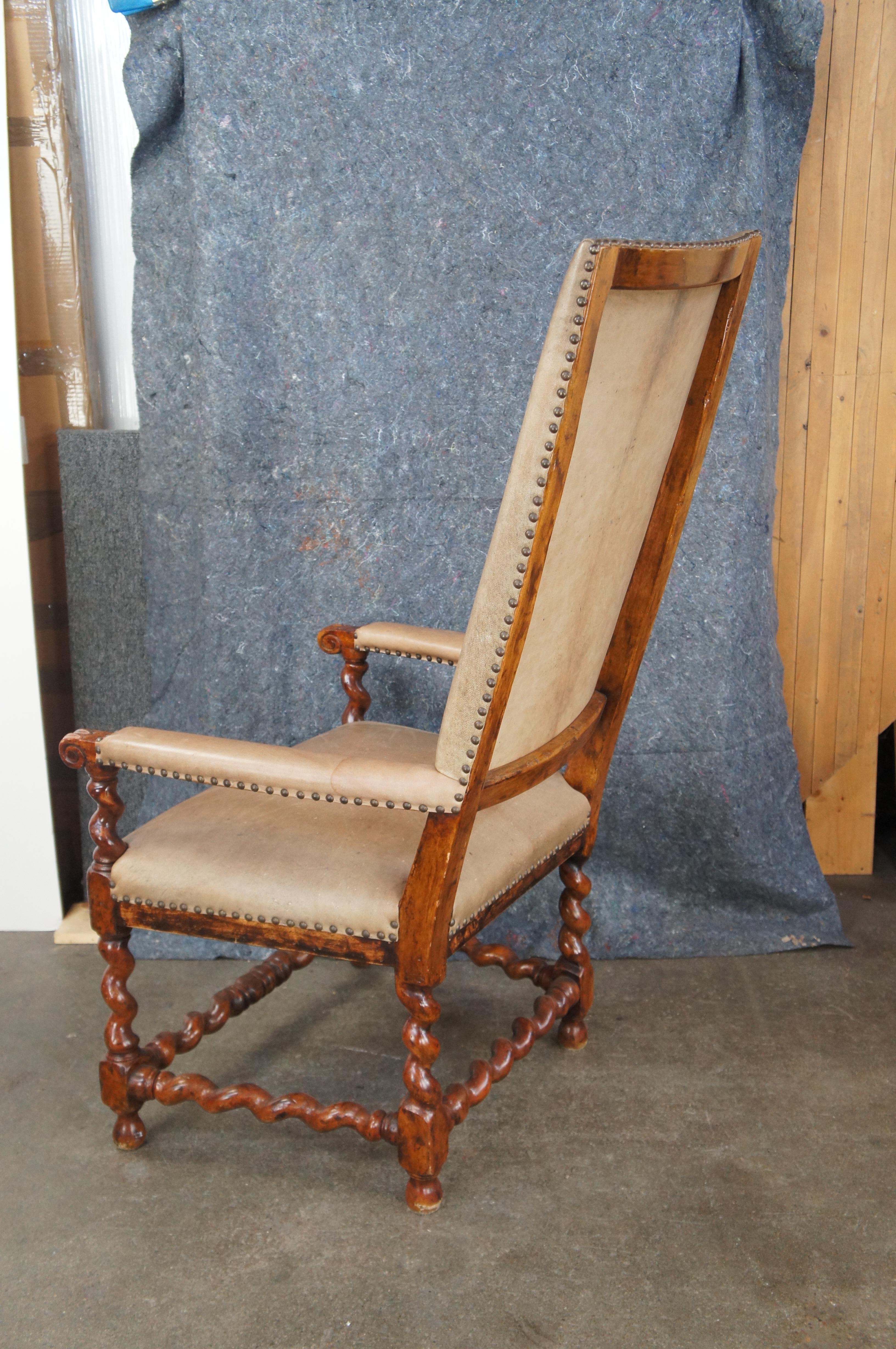 Theodore Alexander French Louis XIII Style Walnut Barley Twist Leather Arm Chair For Sale 6