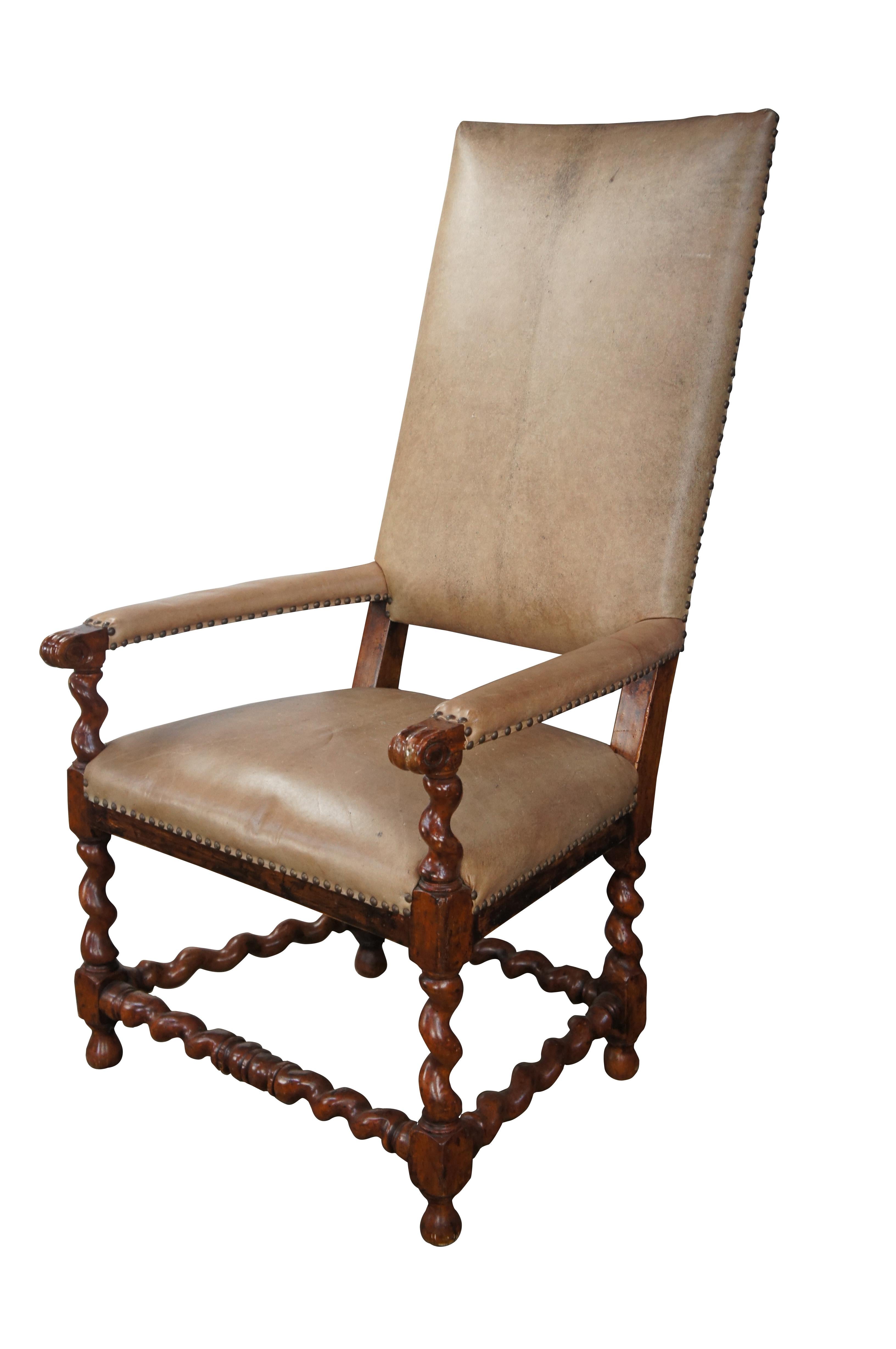 Theodore Alexander French Louis XIII Style Walnut Barley Twist Leather Arm Chair In Good Condition For Sale In Dayton, OH