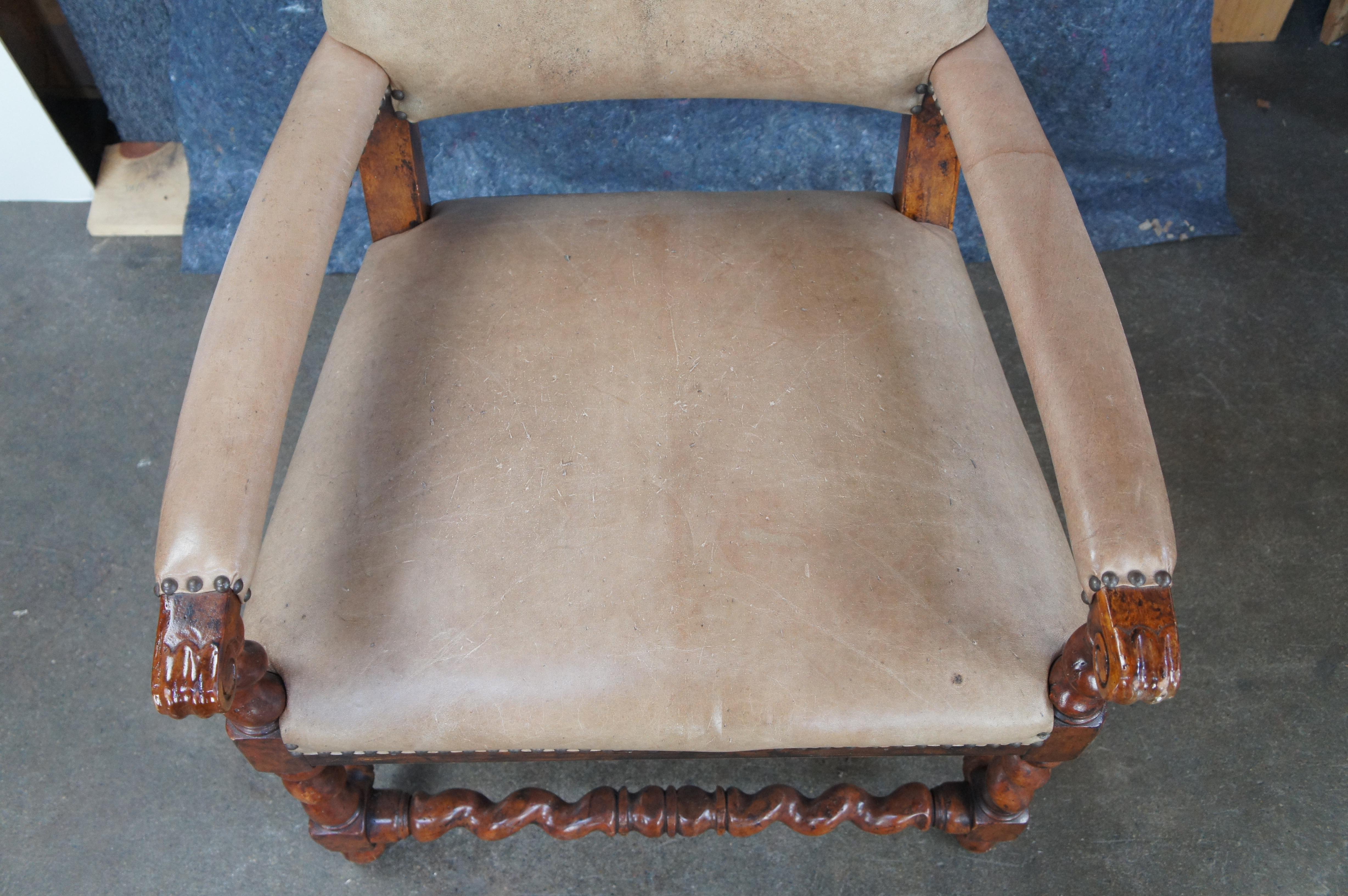 20th Century Theodore Alexander French Louis XIII Style Walnut Barley Twist Leather Arm Chair For Sale