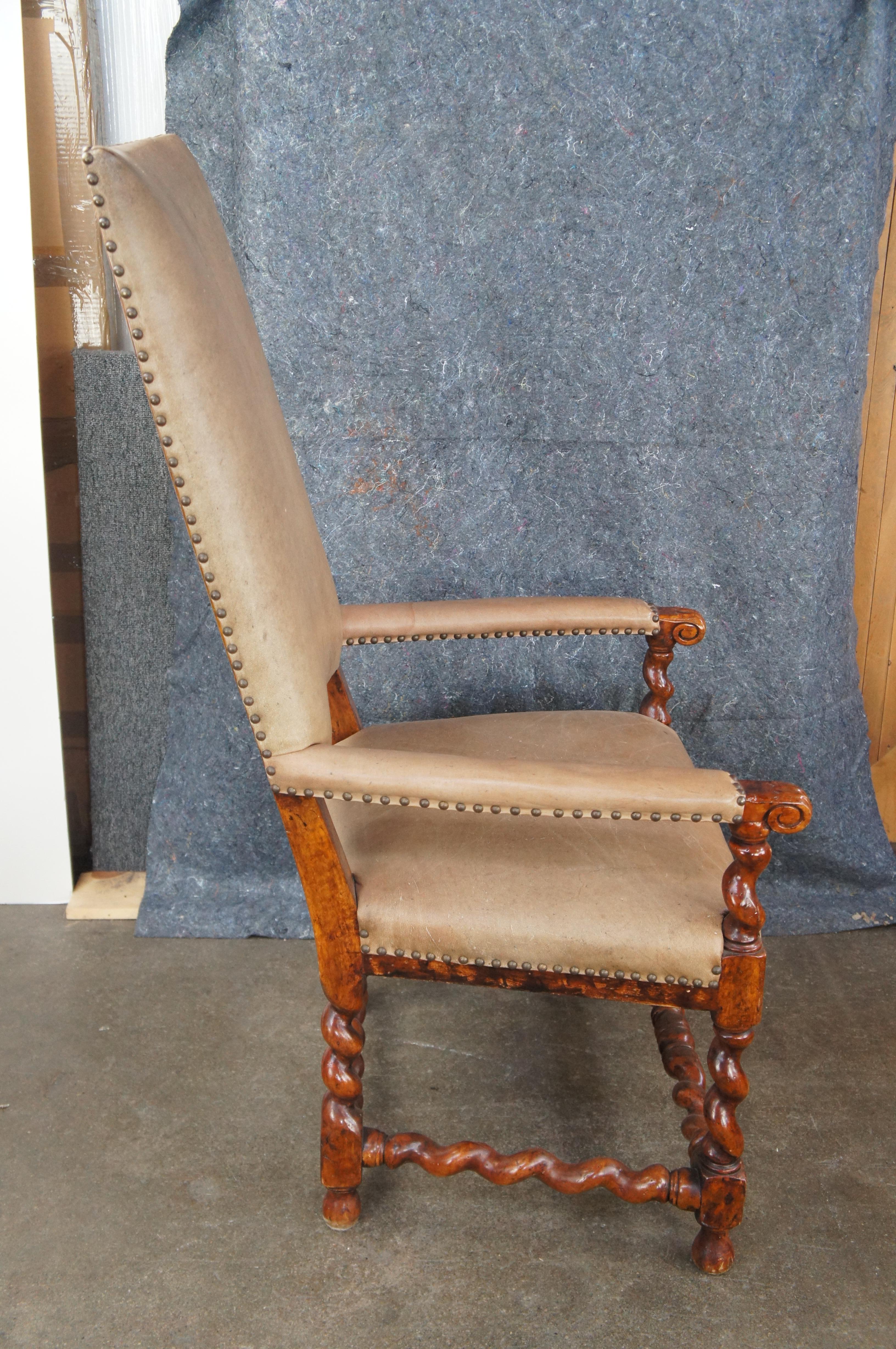 Theodore Alexander French Louis XIII Style Walnut Barley Twist Leather Arm Chair For Sale 4