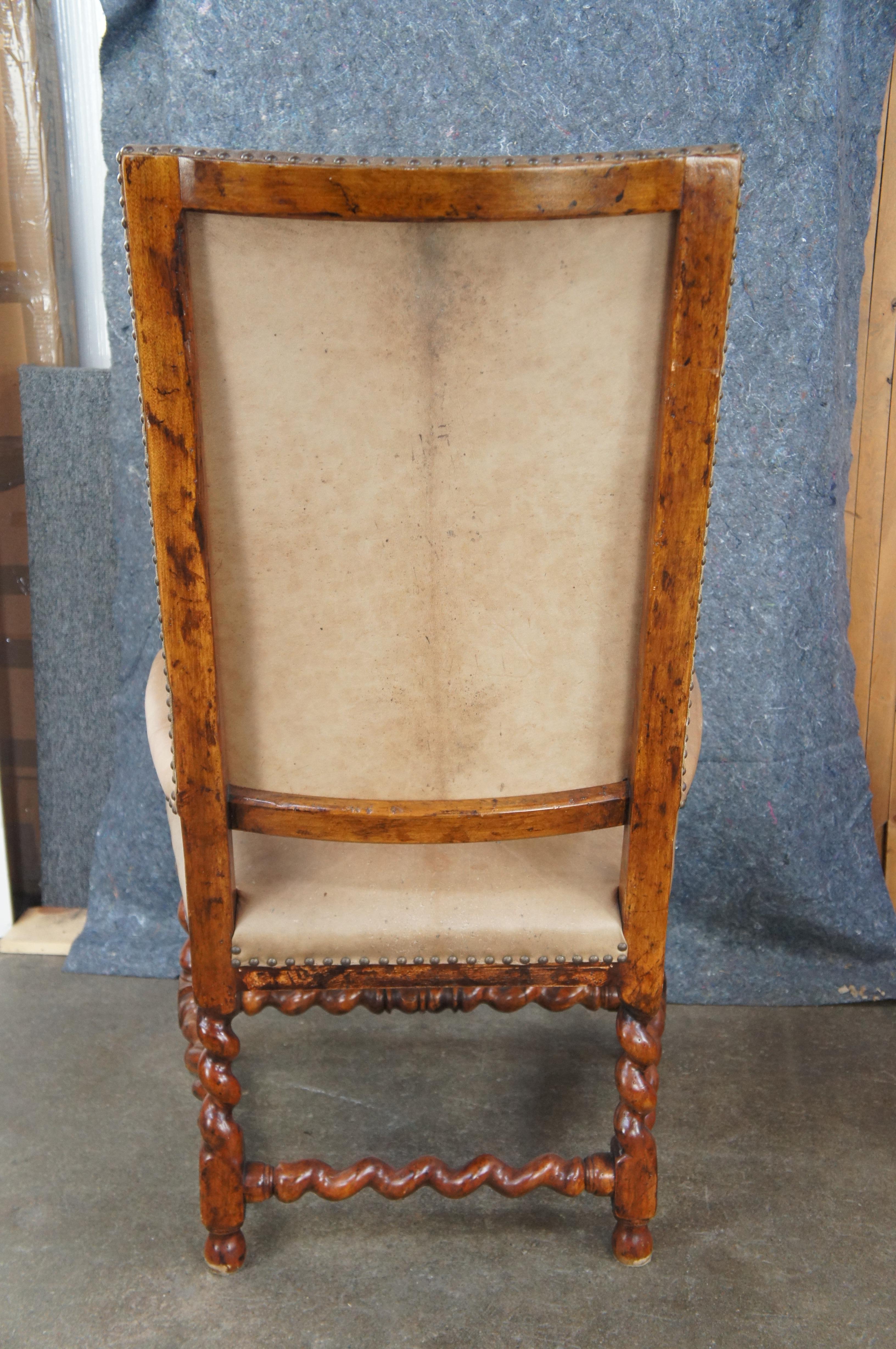 Theodore Alexander French Louis XIII Style Walnut Barley Twist Leather Arm Chair For Sale 5