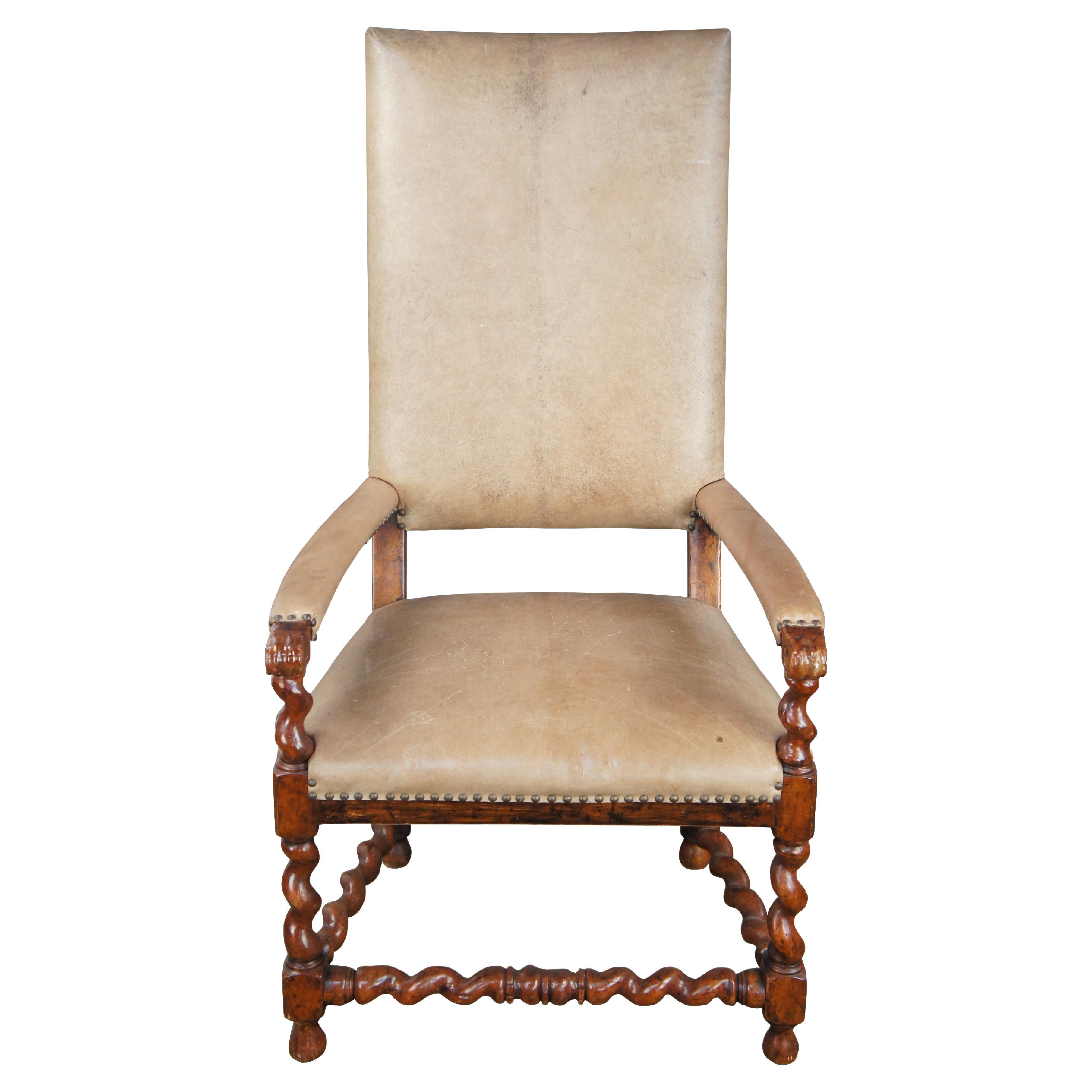 Theodore Alexander French Louis XIII Style Walnut Barley Twist Leather Arm Chair For Sale