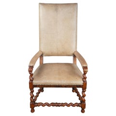 Theodore Alexander French Louis XIII Style Walnut Barley Twist Leather Arm Chair