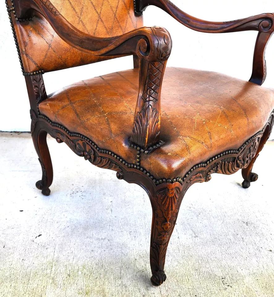 Carved Theodore Alexander French Louis XV Leather Arm Chair For Sale