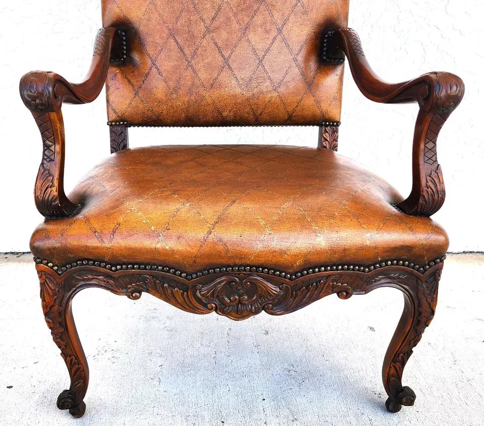 Theodore Alexander French Louis XV Leather Arm Chair In Good Condition For Sale In Lake Worth, FL